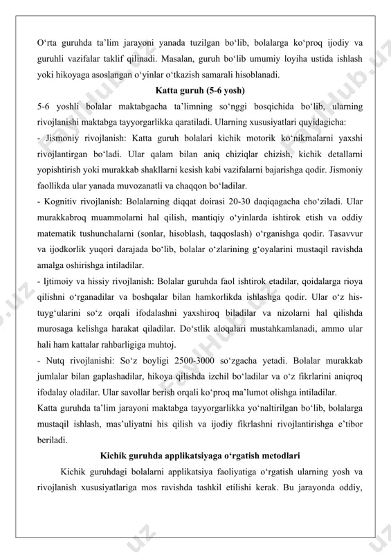 plikatsiyaga o‘rgatish metodlari kichik guruhdagi bolalarni applikatsiya faoliyatiga o‘rgatish ularning yosh va rivojlanish xususiyatlariga mos ravishda tashkil etilishi kerak. bu jarayonda oddiy, qiziqarli va xavfsiz usullar qo‘llaniladi. quyida applikatsiyaga o‘rgatishning asosiy metodlari yoritiladi. oddiy shakllar va ranglar bilan tanishtirish kichik guruh bolalari applikatsiya faoliyatiga ilk qadamlarini oddiy shakllar va ranglar bilan boshlaydilar. bu jarayonda bolalarni asosiy geometrik shakllar (doira, kvadrat, uchburchak) va asosiy ranglar (qizil, sariq, ko‘k, yashil) bilan tanishtirish muhimdir. - shakllarni tanish: bolalarga shakllarni ajratib olishni o‘rgatish uchun katta o‘lchamdagi karton yoki qog‘ozdan yasalgan shakllardan foydalaniladi. masalan, o‘qituvchi bolalarga doira shaklini ko‘rsatib, uni barmoqlari bilan ushlab ko‘rishga yoki shunga o‘xshash narsalarni topishga undaydi. bu jarayon bolalarning vizual idrokini rivojlantiradi. - ranglarni o‘rganish: ranglarni o‘rgatishda yorqin va jozibali ranglardan foydalaniladi. masalan, bolalarga qizil rangli qog‘oz ko‘rsatilib, undan olma shaklini kesib olish taklif qilinadi. bu jarayonda bolalar ranglarni nomlashni va ularni farqlashni o‘rganadilar. - oddiy namunalar: bolalarga applikatsiyada foydalanish uchun …