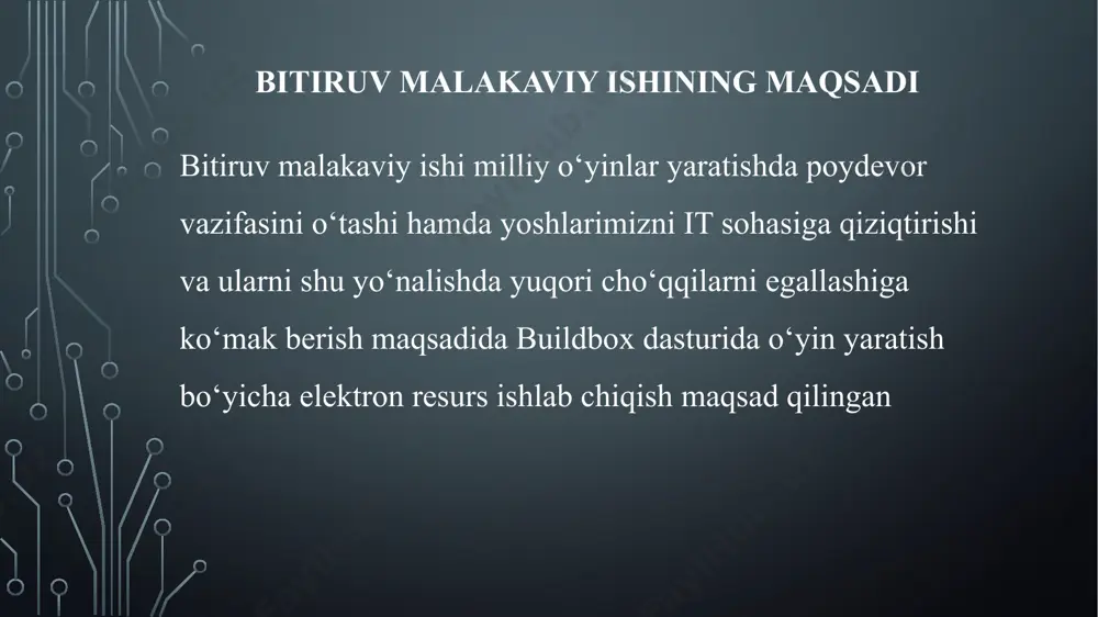 rli xil ya’ni “wizard”, “3d” va “2d” variantlarda yaratishingiz mumkin bo‘ladi. yuqorida keltirilgan o‘yinlarni “3d” ko‘rinishida yaratib oldik. hayot faoliyati xavfsizligini taminlash bo‘yicha barcha malumotlar o‘rganib chiqildi. mehnatni muhofaza qilish, hayot faoliyati xavfsizligining ergonomic asoslari haqida ham ko‘pgina ma’lumotlar berib o‘tildi. kelajakda ushbu qo‘llanma asosida “buildbox” dasturida bemalol o‘z o‘yiningizni yarata olasiz deb o‘ylayman. sababi, o‘yinni boshlang`ich nuqtasidan to oxirigacha qanday va nima ishlar qilishingizgacha ma’lumotlar berib o‘tildi. e’tiboringiz uchun rahmat image2.png image3.png image4.png image5.png image6.png image7.png image8.png image9.png /docprops/thumbnail.jpeg