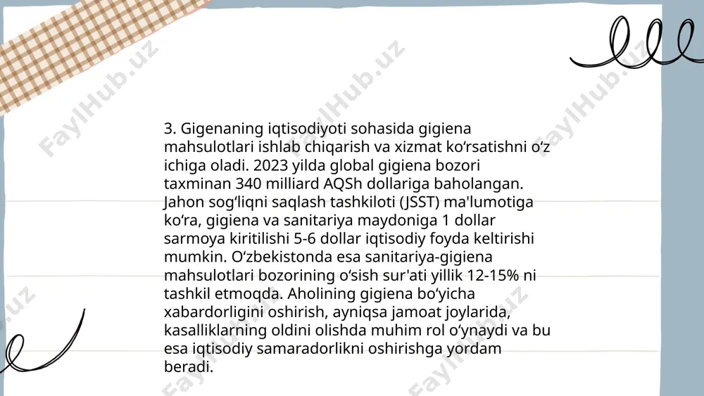 yqu sifatini yaxshilaydi. sog'lom turmush tarzini qo'llab-quvvatlash uchun muvozanatli ovqatlanish (oqsil, uglevod va vitaminlar) zarur. energiyani tiklash va mashqlarda muvaffaqiyatli bo'lish uchun kuniga 7-9 soat uyqu tavsiya qilinadi. ... t.me/slaydai_bot 14-gigenaning mashhur shaxslari orasida taniqli olimlar, yozuvchi va mutafakkirlar mavjud. bu davrda ibn sino (avitsenna) tibbiyot va falsafa sohasidagi asarlari bilan dovrug' qozongan. beruniy esa astronomiya va matematika bo'yicha yirik asarlar yozdi. al-xorazmiy algebra va algoritm asoschisi bo'lgani uchun mashhurdir. uchqur iktisodiy va ijtimoiy taraqqiyotda shaxslarining hissasi katta bo'lgan. ular ilm-fan yutuqlari va ijodi bilan nafaqat o'z yurti, balki dunyo miqyosida ham e'tirof etilgan. ulugi muhandislar va san'atkorlar o'z asarlari orqali 14-gigenaning ijtimoiy va madaniy rivojlanishida muhim rol o'ynaganlar. gigena xusanov ro'zixon e'tiboringiz uchun raxmat! image1.png image2.png image3.png image4.jpeg image5.png image6.jpeg image7.jpeg image8.jpeg /docprops/thumbnail.jpeg