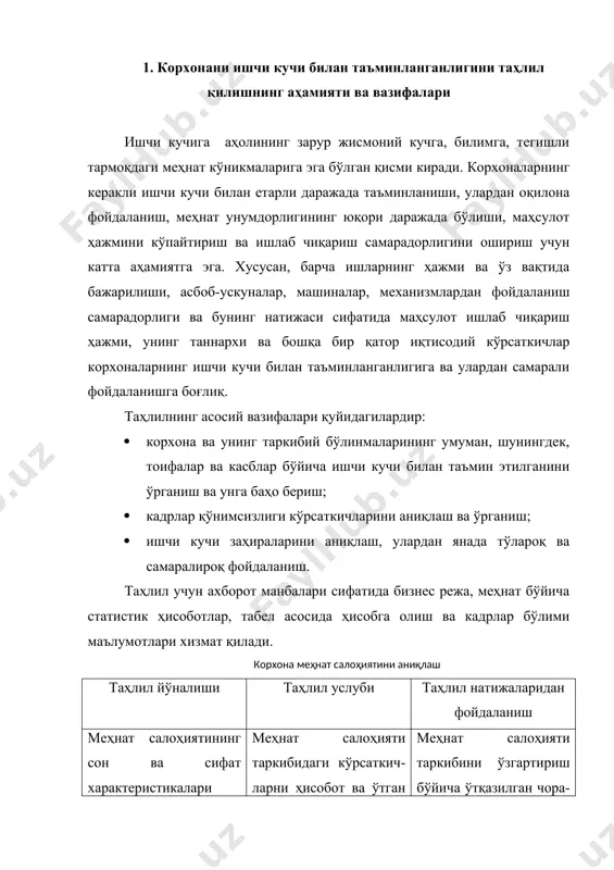 и кўрсаткич- ларни ҳисобот ва ўтган даврлар бўйича таққослаш меҳнат салоҳияти таркибини ўзгартириш бўйича ўтқазилган чора-тадбирлар натижавийлигини баҳолаш меҳнат салоҳиятининг ҳақиқатдаги даражасини зарурийга мос келиши кўрсаткичнинг ҳақиқатдаги ва зарур даражасини таққослаш (масалан, ўртача ишлар разрядини ва ўртача ишчилар разрядига) меҳнат салоҳиятини зарур йўналишда ўзгартириш мақсадида бошқарув ишларини олиб бориш меҳнат салоҳиятидан фойдаланиш даражаси кўрсаткичнинг ҳақиқатдаги ўлчовини потенциал имконият билан солиштириш ходимлар имкониятла-ридан тўлароқ фойдаланиш бўйича чора-тадбирлар корхона ишчи кучи билан таъминланганлигини таҳлили уларнинг категорияларини ўрганишдан бошланади. жами ишловчиларни категориялар бўйича гуруҳлаш тегишли касб ва малакадаги ишловчиларга бўлган талабни аниқлаш, меҳнатга ҳақ тўлаш шакллари ва тизимлари ўртасида боғлиқлик ўрнатишни ташкил қилиш, ходимдан оқилона фойдаланиш имконини излаш ишларини енгиллаштиради. ўзбекистонда ҳамма ишловчилар қуйидаги классификация белгилари бўйича бўлинади: ишлаб чиқариш жараёнидаги бажарадиган ишлари бўйича ишчилар асосий, ёрдамчи ва хизматчиларга (кичик хизмат кўрсатувчи, шогирдлар, қўриқчилар); ҳақиқатдаги фаолият тавсифи бўйича (иш тури) улар эгаллаган лавозимига кўра бўлинади; технологик жараёнда қатнашиш тамойили бўйича: маҳсулот ишлаб чиқаришдаги …