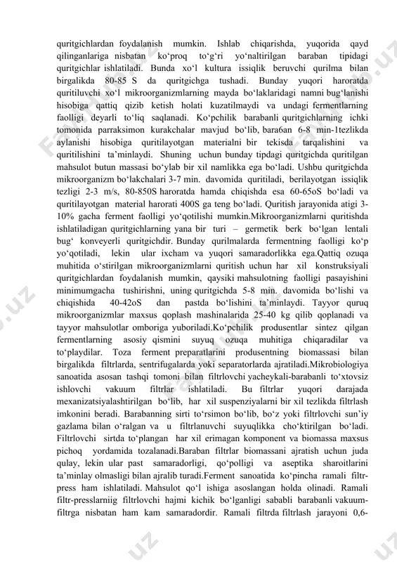 i), hamda tekstil, mo‘yna va mikrobiologik sanoatlarda, shu jumladan tibbiyotda ballast moddalardan qisman yoki to‘liq tozalangan ferment preparatlari ishlatiladi.toza ferment preparatlarini olishning boshlang‘ich materiali bo‘lib filtrlangan kultural suyuqlik, produsentning biomassasi yoki qattiq ozuqa muhitda o‘stirilgan kulturaning suvli ekstrakti xizmat qiladi. ferment preparatlari kukun yoki suyuq konsentrat ko‘rinishida olinishi mumkin. ajratish jarayonida preparatning ymumiy massasida faol oqsilning nisbiy ulushi, ya’ni uning ulushiy faolligi optadi. tozalanmagan, kompleks ferment preparatlarining olinishi. tozalanmagan ferment preparati - mikroorganizm kulturasini mo‘tadil sharoitda namligi 8-12% ga olib kelingan va butun ozuqa muhiti qoldiqlari bilan birgalikdagi massasidir.tozalanmagan ferment preparati kulturani qattiq yoki suyuq ozuqa muhitida o‘stirish yo‘li bilan olinishi mumkin. suyuq muhitda o‘sgan kultura quritishdan oldin biomassasi va ozuqa muhiti qoldiqlaridan qisman tozalangan yoki shundayligicha quritilgan bo‘ladi.qattiq ozuqa muhitida o‘stirilgan mikroorganizm kulturasi odatda 35 dan 58 % gacha namlikka ega bo‘ladi. bunday mahsulot chidamsiz bo‘lganligi sababli uni tezda ishlab chiqarishga joriy qilish yoki namlik darajasi 10 -12% gacha …