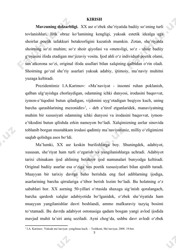 ijodkor qalbida tug‘ilgan kechinmaning she’riy matnda qanday va nimalarda aks etish yoritiladi. mavzuning o‘rganilish darajasi. lirik kechinma va qahramon adabiyotshunoslikda juda kam o‘rganilgan mavzulardan biri bo‘lib, shavkat rahmon ijodi misolida deyarli o‘rganilmagan. tadqiqotning ilmiy yangiligi shundaki, unda shoir she’rlaridagi qahramonlar va yorqin misralarda o’z aksini topgan betakror kechinmalar yaxlit bir tizimga solinib teran tahlil etishdan iborat. lirik kechinma tabiatining ochilishi nafaqat o‘tmishdagi, hozirgi she’riyatimizning yetakchik g‘oyaviy badiiy tomonlarini aniqlash, balki o‘zbek she’riyatining istiqboldagi taraqqiyotini ham oldindan belgilashga imkon beradi. bu holat ham tadqiqot ishimizning o‘rganilish darajasini belgilaydi. tadqiqotning metodologik asosi va metodi. bugungi istiqlol davri adabiyotshunoslik sohasidagi ilmiy tadqiqot ishlariga ham yangicha talablar qo‘ymoqda. ana shu yangicha talablardan kelib chiqqan holda, hozirga qadar adabiyotshunoslikda qo‘llanib kelingan qiyosiy – tarixiy tahlil, struktural tahlil kabi tadqiqot metodologiyalardan ijodiy foydalangan holda biz o‘z tadqiqotimizda qiyosiy tahlil usulidan ham foydalanishni nazarda tutamiz. tadqiqot predmeti va obyekti. tadqiqot ishimizga o‘zbek she’riyatining yorqin namayondalaridan biri shavkat …