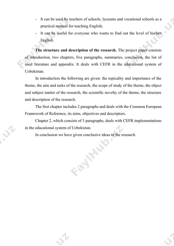 the educational system of uzbekistan. in conclusion we have given conclusive ideas of the research. chapter i. the common european framework of reference (cefr), its aims and objectives 1.1 cefr in the educational context during much of the twentieth century, theorists, researchers, and language professionals were very active in trying to describe what it means to learn languages and how they could be operationalized and sequenced for learning, for teaching, and for assessment. work was triggered almost in parallel on both sides of the atlantic in the aftermath of world war ii and the korean war, international conflicts that made very apparent the need to learn foreign languages in order to be able to use them in everyday transactions, for social interaction, and for information transfer. being able to use a language meant being able to put linguistic knowledge into practice; for the sake of certification, it was necessary to …