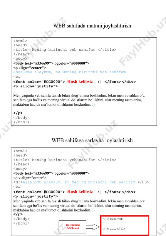 veb sahifam � � bgcolor="#000000"> � assalomu alaykum, bu mening birinchi veb sahifam. � hush kelibsiz! :) � men yaqinda veb sahifa tuzish bilan shug’ullana boshladim, lekin men avvaldan o’z sahifam ega bo’lis va mening virtual do’stlarim bo’lishini, ular mening rasmlarim , maktabim haqida ma’lumot olishlarini hoxlardim. :) � � rasmlarim /font> qo’shimcha ma’lumot pochta@mail.uz mailto diskreptorining bir qator vazifalari:��- ?subject= тема пиcьма (hat mavzusi)�- &body=текст вашего сообщения (jo’natiladigan ma’lumotning matni) � hyperlink "http://u1242.91.spylog.com/cnt?f=3&p=1&rn=0.19891013284318532" \t "_blank" �� includepicture "http://u1242.91.spylog.com/cnt?p=1&rn=0.19891013284318532&r=&pg=file%3a///c%3a/doclar/informatika/html_tutorial/steps/14step2.html" \* mergeformatinet ����� hyperlink "http://top100.rambler.ru/top100/" �� includepicture "http://counter.rambler.ru/top100.cnt?253736" \* mergeformatinet �����- &cc=copy@mail.uz,copy2@mail.uz (копии письма через запятую) (vergul bilan hatingizni nushasi)�- &bcc=hidden_copy@mail.uz,hidden_copy2@mail.uz (vergul bilan hatingizni yashirin nushasi)� sahifada barchasi quyidagicha ko’rinish beradi: �� pochta@mail.uz � � mening birinchi veb sahifam � � bgcolor="#000000"> � assalomu alaykum, bu mening birinchi veb sahifam. � hush kelibsiz! :) � men yaqinda veb sahifa tuzish bilan shug’ullana boshladim, lekin men avvaldan o’z sahifam ega bo’lis va …