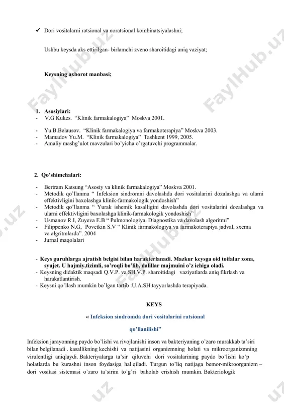 indromda dori vositalarini ratsional qo’llanilishi” infeksion jarayonning paydo bo’lishi va rivojlanishi inson va bakteriyaning o’zaro murakkab ta’siri bilan belgilanadi . kasallikning kechishi va natijasini organizmning holati va mikroorganizmning virulentligi aniqlaydi. bakteriyalarga ta’sir qiluvchi dori vositalarining paydo bo’lishi ko’p holatlarda bu kurashni inson foydasiga hal qiladi. turgun to’liq natijaga bemor-mikroorganizm –dori vositasi sistemasi o’zaro ta’sirini to’g’ri baholab erishish mumkin. bakteriologik infeksiyalarni ratsional va maqsadga muvofiq davolash uchun kasallik qo’zg’atuvchisini bakteriologik diagnostikasi va uning dori vositasiga sezuvchanligini aniqlash kerak. shuning uchun talabalar infeksion sindromning turli shaklllarini medikamentoz davolash bo'yicha asos bo’lgan teoritik bilimlar va amaliy ko’nikmalarni bilishlari ahamiyatga ega. sezgirlik darajasiga qarab antibacterial preparatlar bo’linadi. 1. sezgir ,dori vositasi miqdori qonda terapevtik konsentratsiyaga yetganda qo’zg’atuvchini o’sishi to’xtaydi. 2. o’rtacha sezgir , qo’zg’atuvchini o’sishini to’xtatish uchun dori vositasini maksimal dozasi talab etiladi. 3. turg’un, bu mikroorganizmni o’sishini to’xtatish uchun antibacterial dori vositalarning juda yuqori dozasi kerak bo’lib,bu mikroorganizm uchun toksik hisoblanadi. qozg’atuvchini to’liq …