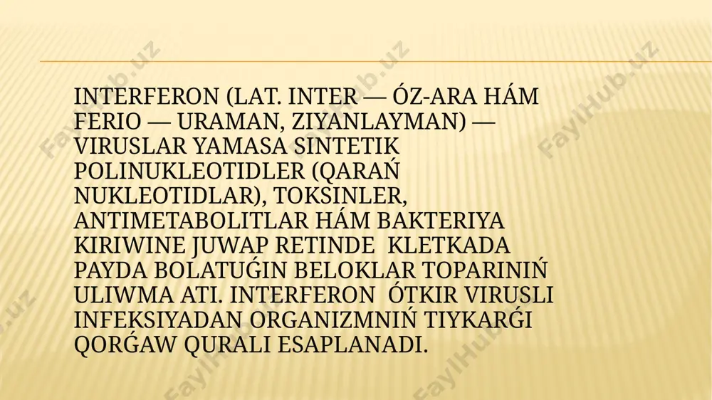 diysesi interferensiya (eń. interferentsiya, tosıq ) dep ataldı, bul hádiyse organizmge bir waqtiń ózinde yamasa 24 saattan artıq bolmaǵan aralıqta eki virus kiritilgende júz beredı. klassifikaciyalaw insan interferonlari payda bolǵan kletkalar túrine qaray gruppalarǵa bólinedi: a, b hám g. a-interferonlarga molekulyar salmaǵı shama menen 20 kde bolǵan bir neshe túrdegi beloklar kiredi. alfa-2 b interferonlari (salmaqli viruslı keselliklerdi, atap aytqanda, gepatitti emlew ushın ) hám beta-1 a (kóp sklerozni emlew ushın isletiledi) bólek áhmiyetke iye. a-interferon b-interferon g-interferon kletka membranasınıń ayriqsha receptorları bar ekenligine tıykarlanıp, endogen interferonlardiń túrleri boyınsha klassifikaciyası ámeldegi : i tur - ifn-a, ifn-b, ifn-k, ifn-e, ifn-ō; ii túrdegi - ifn-g; iii túrdegi - ifn-l1, ifn-l2 hám ifn-l3. i tur - ifn-a image3.png image4.png image5.png image6.png image7.png image8.png image9.png image10.png image11.png image12.png