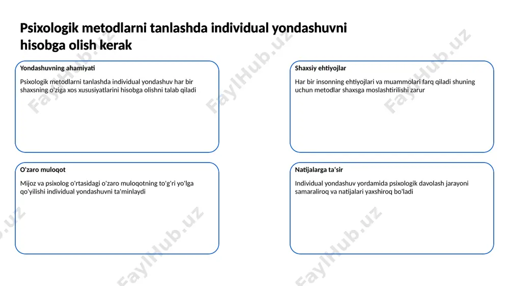 ab chiqish orqali o'zlarini ifodalash imkoniyatiga ega bo'ladilar. bolalarning hissiy rivojlanishi uchun o'yinlar va faoliyatlar tavsiya etiladi jamoa ishlashi o'yinlar orqali bolalar jamoaviy ishlashni o'rganadilar. ular o'zaro hamkorlik qilish va birgalikda maqsadlarga erishishni o'rganishadi. 6 psixologiya fanida yangi tadqiqotlar va yondashuvlar haqida ma'lumot taqdim etish kerak kognitiv psixologiya yangiliklari kognitiv psixologiyada yangi tadqiqotlar ongsiz jarayonlar va fikrlash usullarini aniqlashga qaratilgan. bu tadqiqotlar odamlarning qaror qabul qilish jarayonini chuqurroq tushunishga yordam beradi. psixologiya fanida yangi tadqiqotlar va yondashuvlar haqida ma'lumot taqdim etish kerak emotsional intellekt rivoji emotsional intellekt sohasidagi tadqiqotlar shaxslararo munosabatlarda hissiyotlarni boshqarish va komunikatsiya qobiliyatlarini oshirishga yordam beradi. bu yangi yondashuvlar emotsional farovonlikning o'sishini ta'minlaydi. psixologiya fanida yangi tadqiqotlar va yondashuvlar haqida ma'lumot taqdim etish kerak uyqu va psixologik holat uyqu tadqiqotlari psixologik salomatlikka ta'sirini o'rganmoqda. yangi yondashuvlar yuqori sifatli uyquning stress va kayfiyatni yaxshilashdagi rolini ko'rsatmoqda. psixologiya fanida yangi tadqiqotlar va yondashuvlar haqida ma'lumot taqdim etish kerak 7 …