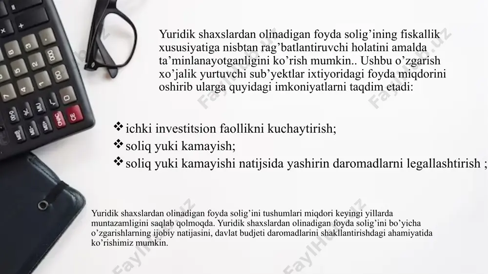 i aniqlashda xo‘jalik yurituvchi sub’yekt faoliyatining moliyaviy natijalari foydaning quyidagi ko‘rsatkichlaridan foydalaniladi. bunda, yaf — yalpi foyda; sst — sotishdan olingan sof tushum; it — sotilgan mahsulotning ishlab chiqarish tannarxi; mahsulotni sotishdan olingan yalpi foyda, bu sotishdan olingan sof tushum bilan sotilgan mahsulotning ishlab chiqarish tannarxi o‘rtasidagi tafovut sifatida aniqlanadi: yaf=sst-it, asosiy faoliyatdan ko‘rilgan foyda, bu mahsulotni sotishdan olingan yalpi foyda bilan davr xarajatlari o‘rtasidagi tafovut, va plyus asosiy faoliyatdan ko‘rilgan boshqa daromadlar yoki minus boshqa zararlar sifatida aniqlanadi: bunda, aff — asosiy faoliyatdan olingan foyda; dx — davr xarajatlari; bd — asosiy faoliyatdan olingan boshqa daromadlar; bz — asosiy faoliyatdan ko‘rilgan boshqa zararlar; aff = yaf-dx+bd-bz, xo‘jalik faoliyatidan olingan foyda (yoki zarar), bu asosiy faoliyatdan olingan foyda summasi plyus moliyaviy faoliyatdan ko‘rilgan daromadlar va minus zararlar sifatida hisoblab chiqiladi: bunda, uf — umumxo‘jalik faoliyatidan olingan foyda; md — moliyaviy faoliyatdan olingan daromadlar; mx — moliyaviy faoliyat xarajatlari; uf=aff+md-mx, soliq …