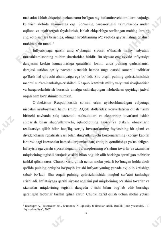 bilan ta’minlash maqsadida import ham rag‘batlantirib boriladi. so‘mning barqaror amal qilishi, uning har qanday valyutaga erkin almashilishi yetarli valyuta zaxirasi bo‘lishiga bog‘liq. unga erishishda korxonalar va barcha sub’yektlarning, jahon bozoriga raqobatga bardosh beradigan mahsulot ishlab chiqarishi uchun zarur bo‘lgan rag‘batlantiruvchi omillarni vujudga keltirish alohida ahamiyatga ega. so‘mning barqarorligini ta’minlashda undan oqilona va tejab tergab foydalanish, ishlab chiqarishga sarflangan mablag‘larning eng ko‘p samara berishiga, olingan kreditlarning o‘z vaqtida qaytarilishiga erishish muhim o‘rin tutadi.[footnoteref:4] [4: razzoqov a., toshmatov sh., o‘rmonov n. iqtisodiy ta’limotlar tarixi. darslik (lotin yozuvida). - t. “iqtisod-moliya”, 2007] inflyatsiyaga qarshi aniq o‘ylangan siyosat o‘tkazish milliy valyutani mustahkamlashning muhim shartlaridan biridir. bu siyosat eng avvalo inflyatsiya darajasini keskin kamaytirishga qaratilishi lozim. unda pulning qadrsizlanish darajasi ustidan qat’iy nazorat o‘rnatish hamda unga qarshi samarali tadbirlar qo‘llash hal qiluvchi ahamiyatga ega bo‘ladi. shu orqali pulning qadrsizlanishida maqbul sur’atni tanlashga erishiladi. respublikamizda milliy valyutani rivojlantirish va barqarorlashtirish borasida amalga oshirilayotgan islohotlarni quyidagi jadval …