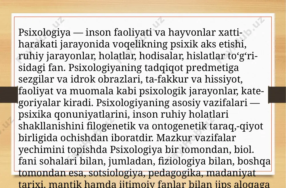 m. sechenov (psixikaning reflektor tabiati), i. psixologiya pavlov (oliy nerv faoliyati) taʼlimotlari muhim hissa boʻlib qoʻshildi. rossiyada v. m. bexterev eksperimental lab. (qozon, 1885), harkov universiteti va n. n. langening odessadagi lab., g.chelpanovning kiyevdagi, s. korsa-kovning moskvadagi, keyinchalik v. m. bexterev, a. lazurskiy, a. nechayevlarning peterburgdagi, v. chijning yuryev (tartu, estoniya)dagi eksperimen-tal lab. lari psixologiya taraqqiyotiga alohida taʼsir oʻtkazdi. 1912-yil moskva universitetida psixologiya instituti ochildi. shu yilda i. a. sikorskiy tomonidan kiyevda jahonda birinchi marta bolalar psixologiyasi instituti tashkil qilindi. 20-asrning 1-yarmida rossiyada k. n. kornilov, psixologiya psixologiya blonskiy va boshqa dialekti-kaga asoslangan ilmiy psixologiyani yaratishga kirishdilar xx asrning zabardast psixologlaridan biri hisoblanmish anri valon o’zining original ta’limoti bilan eksperimental psixologiyada alohida o’rin egallaydi. birinchi navbatda uning taraqqiyot genetikasiga oid qarashlari muhim ahamiyat kasb etib, genotip va fenotip negizlaridan kelib chiqqan holda muammo moxiyati tushuntiriladi. taraqqiyotning dastlabki ko’rinishi o’yinlarda namoyon bo`lishini ta’kidlagan holda ularning uchta turkumga ajratishni lozim topadi: 1) …