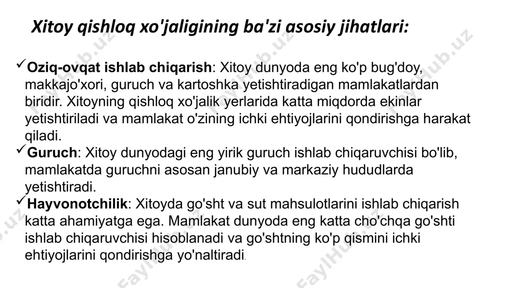 tezlikdagi temir yo‘l liniyasi dunyodagi eng tez va eng uzun yo‘nalishlardan biridir. or . 3. atrof-muhit va ekologik islohotlar: xitoy so‘nggi yillarda ekologiya muammolarni hal qilishda sezilarli yutuqlarga erishmoqda. xususan, yashil energiyaga sarmoyalar kiritib, quyosh va shamol energiyasi bo‘yicha dunyo yetakchisiga aylandi. 2020-yilda xitoy 2060-yilgacha uglerod neytrallikka erishish maqsadini e'lon qildi. .4. sog‘liqni saqlash va farmatsevtika: covid-19 pandemiyasi davrida xitoy birinchi bo‘lib sinovdan o‘tgan vaksinalarni ishlab chiqdi va ishlab chiqarishni yo‘lga qo‘ydi. shuningdek, an'anaviy xitoy tibbiyoti va zamonaviy texnologiyalarning kombinatsiyasi orqali sog‘liqni saqlash sohasida yangi yutuqlarga erishmoqda. 5. tibbiy kashfiyotlar: an'anaviy xitoy tibbiyoti ming yillar davomida rivojlanib, bugungi kunda jahon tibbiyotiga ham katta ta’sir ko'rsatmoqda. akupunktura va o'simlik dori-darmonlar jahon sog'liqni saqlash tizimida keng foydalanilmoqda. vb 1. buyuk xitoy devori: taxminan 21 ming kilometr uzunlikdagi buyuk xitoy devori dunyodagi eng uzun inshootlardan biri bo'lib, asosiy qismlari xitoyni shimoldan himoya qilish uchun qurilgan. qiziqarli faktlar 2. qog'oz va chop etish ixtirosi: …