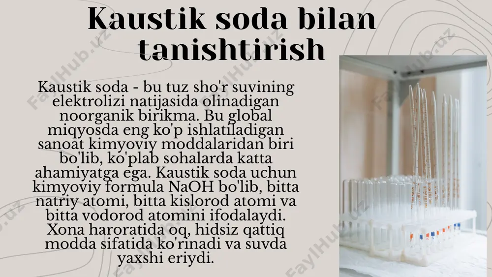 qarish jarayonida uchta asosiy mahsulot olinadi: 1. natriy gidroksid (naoh) 2. xlor (cl₂) 3. vodorod (h₂) kaustik soda sanoatda kimyo, farmatsevtika, metallurgiya, neftni qayta ishlash va boshqa sohalarda keng qo‘llaniladi. xavfsizlik masalalari kaustik soda ko'plab ilovalarga ega bo'lsa-da, uning juda korroziy tabiati tufayli uni ehtiyotkorlik bilan ishlatish kerak. kaustik soda bilan ishlaganda teri, ko'z yoki kiyim bilan aloqa qilmaslik uchun qo'lqop, ko'zoynak va laboratoriya xalati kabi tegishli himoya vositalaridan foydalanish juda muhimdir. bundan tashqari, u mos kelmaydigan moddalardan uzoqda va yaxshi gazlangan joyda saqlanishi kerak. elektroliz asosidagi ishlab chiqarish xom ashyo: tuz (nacl) eritmasi kimyoviy jarayon: elektroliz orqali naoh, cl₂, h₂ olinadi asosiy texnologiyalar: diafragmali usul simob katodli usul membranali usul kaustik soda ishlab chiqarish usullari diafragmali usul ✅ jarayon: elektrolizda asbest yoki polimer diafragma ishlatiladi. reaksiya: anod: 2cl⁻ → cl₂ + 2e⁻ katod: 2h₂o + 2e⁻ → h₂ + 2oh⁻ eritmada naoh hosil bo‘ladi. ✅ afzalliklari: ✔ arzon, uskunalari …