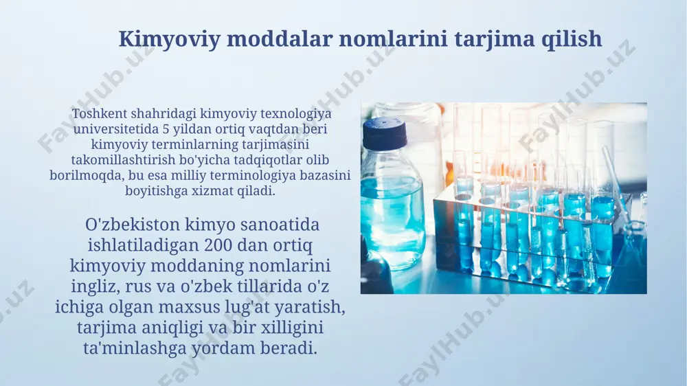 i aniq va tushunarli tarjima qilish uchun terminologiya lug'atlaridan va xalqaro standartlardan foydalanish zarur. toshkent shahridagi kimyoviy texnologiya universitetining o'quv qo'llanmalarida keltirilgan 100 ga yaqin murakkab kimyoviy reaksiyalarni tarjima qilishda, har bir bosqichning nomini aniq ifodalash va kimyoviy formulalarni to'g'ri aks ettirish muhim ahamiyatga ega. kimyoviy birikmalar formulalarini tarjima qilish noorganik birikmalar formulalarini tarjima qilishda, masalan, h₂so₄ (sulfat kislota) formulasi uchun, ingliz tilidagi "sulfuric acid" atamasini o'zbek tiliga "sulfat kislota" deb tarjima qilish kerak. murakkab organik birikmalar formulalarini, masalan, c₁₂h₂₂o₁₁ (saxaroza) formulalarini tarjima qilishda, rus tilidagi "сахароза" so'zini o'zbek tilidagi ekvivalenti "saxaroza" bilan almashtirish yetarli. kimyo sanoati terminologiyasini tarjima qilish kimyoviy texnologiya terminlarini tarjima qilishda, 10 dan ortiq xalqaro standartlar va terminologik lug'atlar, jumladan, iupac terminologiyasi, toshkentdagi oliy o'quv yurtlari tomonidan qo'llaniladi. kimyo sanoati terminologiyasini tarjima qilishda, 200 dan ortiq turli xil birikmalar nomlarini, masalan, organik va noorganik moddalar (masalan, benzol, sulfat kislota)ni to'g'ri tarjima qilish muhim ahamiyatga ega bo'lib, …