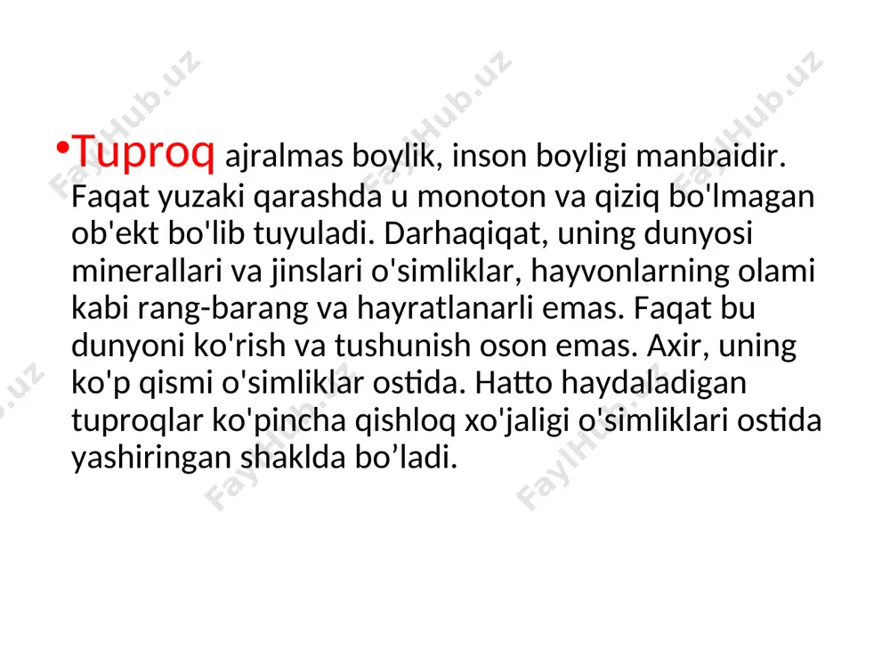 bo‘lmagan joyga 2 – 3 kun davomida quritiladi. qurigandan so‘ng, undagi o‘simlik qoldiqlari, ildizlari va boshqa qo‘shilmalar terib olinadi hamda ularning massasi alohida tarozida tortib olinadi va namunaga nisbati foizda topiladi. namunaga olingan tuproq yaxshi qurigandan keyin, u chinni havonchada yog‘och yoki rezina tayyoqcha yordamida asta – sekin yirik kesakchalari maydalanadi (bunda mexanik zarrachalar parchalanib ketmasligi lozim). shundan so‘ng tahlil uchun o‘rtacha qilib tuproq tayyorlanadi. buning uchun tuproq brezent yoki faner ustida yoyilib, yirik kesakchalar qo‘l bilan maydalanadi. tahlilga o‘rtacha tuproq namunasi olish uchun brezentdagi tuproq yaxshilab aralashtiriladi va qo‘l yoki lineyka bilan bir tekis yassilanadi. laboratoriya ishini bajarish tartibi: tuproqni tahlil qilish uchun daladan laboratoriyadan olib kelingan va quritilgan namunaning hammasi laboratoriya stolida toza qog‘oz ustida yupqa bir tekis yoyib qo‘yiladi. so‘ng undagi yirik kesakchalar qo‘l barmoqlari bilan asta – sekin maydalanadi. shundan keyin namunadan 500–1000 gr tuproq tahlil uchun tortib olinadi. tahlil uchun olingan tuproq laboratoriya stoli ustiga …