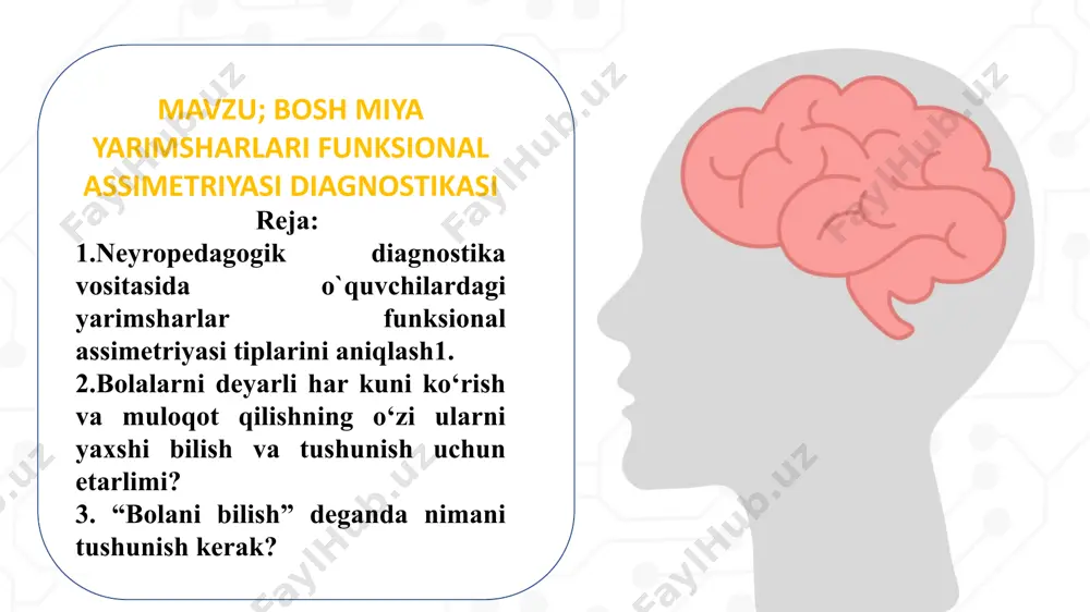 a aksincha, agar chapaqay bo‘lsa – asosan o‘ng yarimsharlar boshqarishidan dalolat beradi. mana shu juft organlarining etakchiligi va ularning o‘zaro kombinatsiyasidan kelib chiqib inson bosh miya yarimsharlari asimmetriyasining bir qator funksional tiplarini aniqlash mumkin. neyropedagogik diagnostikada inson bosh miya funksional asimmetriyasining tiplari bo‘yicha bolalarni shartli ravishda uch guruhga – miyaning chap yarimshari faoliyatiga tayanadiganlar, o‘ng yarimshari faoliyatiga tayanadiganlar va miya yarimsharlar funksional asimmetriyasi aralash bo‘lganlarga ajratish mumkin:  miyaning chap miya yarimshari faoliyatiga tayanadiganlar – o‘ng qo‘li, ko‘zi va qulog‘i etakchi bo‘lganlar;  miyaning o‘ng yarimshari faoliyatiga tayanadiganlar – o‘ng qo‘li, biroq chap ko‘zi va qulog‘i etakchi bo‘lganlar;  miya funksional asimmetriyasining aralash tipi – o‘ng qo‘li etakchi, biroq etakchi ko‘zi va qulog‘i turlicha bo‘lganlar. motor sohasining asimmetriyasini yoki bolaning etakchi qo‘lini aniqlash. bolaning yetakchi qo‘lini aniqlash uchun undan quyida keltirilgan mashqlarni bajarishi so‘raladi. bunda, albatta, bolaning yosh xususiyatlarini xisobga olinishi kerak bo‘ladi. qartalarni tarqatish. bunda qartalarni taxlaydigan qo‘l – …