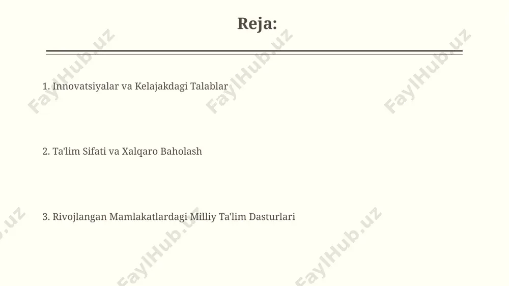 rqali o'qitishning samaradorligi 2 baravarga oshdi, bu yangi pedagogik yondashuvlarning ahamiyatini ta'kidlaydi. rivojlangan davlatlardagi ta'lim tizimida 21-asr ko'nikmalarini rivojlantirishga qaratilgan loyihalar soni yildan-yilga 30% ga oshmoqda, bu innovatsion pedagogik yondashuvlarning samaradorligini ko'rsatadi. o'quv dasturlari va standartlari rivojlangan mamlakatlarning 80% dan ortigʻida taʼlim standartlariga muvofiq oʻquv dasturlarini ishlab chiqish va ularning samaradorligini muntazam ravishda baholash uchun maxsus tashkilotlar faoliyat koʻrsatadi. oʻquv dasturlari yetakchi rivojlangan davlatlarda oʻrtacha 12 yillik majburiy taʼlimni qamrab olib, 6-7 yoshdan boshlanadi va k-12 modeli asosida tuzilgan. kasb-hunar ta'limi va ishga joylashish dastur doirasida 2023 yilda 100 000 dan ortiq yoshlar kasb-hunar ta'limi oldi va ish bilan ta'minlandi, bu umumiy ishsizlik ko'rsatkichiga ijobiy ta'sir ko'rsatdi. "kasb-hunar ta'limi va ishga joylashish" dasturi 150 dan ortiq kasb-hunar bo'yicha o'qitishni ta'minlaydi, shundan 50 tasi yuqori texnologiyalar sohasiga tegishli. ta'lim sifati va baholash maktablarning 80% dan ortig'i ta'lim sifatini baholash tizimida ishtirok etib, o'z faoliyatlarini takomillashtirish bo'yicha 10 ga yaqin tavsiyalar oldi …