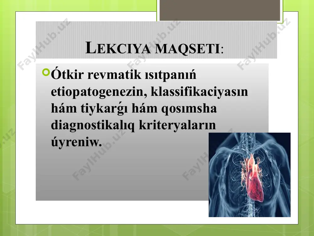 arǵa qaraǵanda 2,6 ese kóp). násillik. biriktiriwshi toqımalar tuwma nuqsanları. ótkir streptokokklı infekciya menen awırǵanlar. jasaw hám jumıs islew sharayatları kórsetkishi pás bolsa. etiologiya. kesellik adam organizmine β – gemolitik streptokokk a – toparı tásiri nátiyjesinde kelip shıǵadı. kletka diywalı quramına kiretuǵın polisaxarid antigen ózgesheliklerine qaray β– gemolitik streptokokklar hár túrli serologik toparlarǵa bólinedi. a–toparı β – gemolitik streptokokk adamda tonzilit (angina), skarlatina, faringit hám teri infekciyon keselliklerin (impetigo) shaqıradı. balalarda órí diń etiologiyasın tastıyıqlaw ushın tómendegilerdi itibarǵa alamız: 1.a–toparı β – gemolitik streptokokk tárepinen shaqırılǵan tamaq infekciyasınan soń 2 – 3 hápte ótib keselliktiı klinik kórinisleri 2.65 % órí menen awırǵan nawqaslar awız boslıǵında streptokokklar anıqlanadı, 80% nawqaslarda aktiv dáwirinde qanda streptokokkǵa qarsı antidánesheler anıqlanadı. 3.bicillin profilaktikadan soń órí keselligi keskin páseyedi. aytıp ótiw kerek, «revmatogenli» potencialdı a–toparı streptokokklardıń ayırım serotipleri iyeleydi. órí menen awırǵan nawqaslarda a–toparı streptokokklardıń 10 m – tipi túrleri anúqlanadı: 1, 3, 5, 6, 14, …