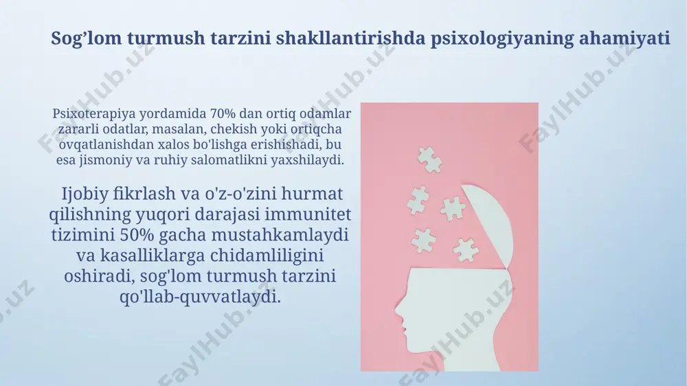 omillar ijtimoiy munosabatlarni rivojlantirishda, muloqot samaradorligini oshirishda va stressni boshqarishda muhim rol o'ynaydi. xotira va uning turlari xotira 3 asosiy turga bo'linadi: sensorli xotira (0,5 sekundgacha), qisqa muddatli xotira (20-30 sekund), uzoq muddatli xotira (cheksiz). har bir tur o'ziga xos xususiyatlarga ega. xotiraning samaradorligi takrorlash, assotsiatsiya va mnemonik texnikalar orqali 30% ga yaxshilanishi mumkin. chunonchi, vizualizatsiya va fikrlash usullaridan foydalanish muhim ahamiyatga ega. e'tiboringiz uchun rahmat @taqdimot_robot image4.png image5.jpg image6.jpg image7.jpg image8.jpg image9.jpg image10.jpg image11.jpg image12.jpg image13.jpg image14.jpg image15.jpg image16.jpg image17.jpg image18.jpg image19.jpg image3.jpeg