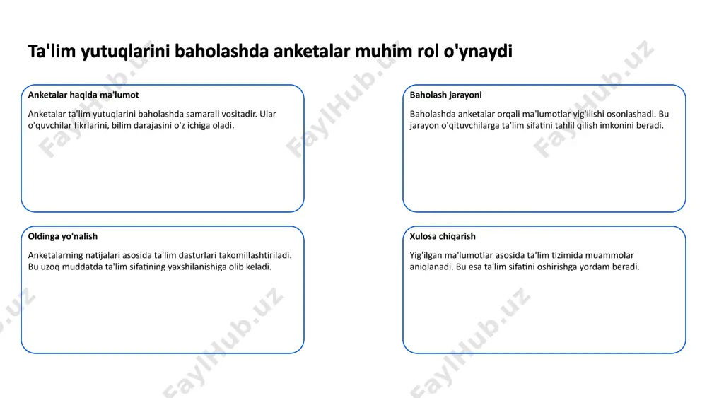 quvchilarning muvaffaqiyatlarini kuzatish uchun grafiklar ishlatiladi natijalarning ahamiyati o'quvchilarning muvaffaqiyatlarini grafiklar orqali ko'rish, ta'lim strategiyalarini takomillashtirishga asos bo'ladi. bu jarayon o'quvchilarga yordam beradi. baholash jarayoni o'quvchilarning motivatsiyasini oshiradi baholashning ahamiyati baholash jarayoni o'quvchilarning bilimlarini aniqlash va ularni rivojlantirish imkonini beradi. to'g'ri baholash o'quvchilarni o'z maqsadlariga erishishga undaydi. baholash jarayoni o'quvchilarning motivatsiyasini oshiradi motivatsiya oshishi o'quvchilar baholashdan yaxshi natijalar olinganda, ularning o'ziga bo'lgan ishonchi ortadi. bu o'z navbatida, motivatsiyani oshiradi. baholash jarayoni o'quvchilarning motivatsiyasini oshiradi baholash usullari turli baholash usullari, masalan, testlar, loyiha ishlari o'quvchilarni faol ishtirok etishga undaydi va ularning bilim bilan bog'liq qiziqishini oshiradi. baholash jarayoni o'quvchilarning motivatsiyasini oshiradi ta'lim yutuqlarini baholashda o'zaro baholash foydali o'zaro baholash jarayoni o'zaro baholash talabalarga boshqa studentlar tomonidan o'z yutuqlarini baholash imkonini beradi. bu jarayon ta'lim sifatini oshiradi. ta'lim yutuqlarini baholashda o'zaro baholash foydali foydalari o'zaro baholash qobiliyatlarni rivojlantirishga yordam beradi. studentlar bir-birining ishlarini tahlil qilish orqali yangi bilimlarga ega bo'lishadi. ta'lim yutuqlarini …