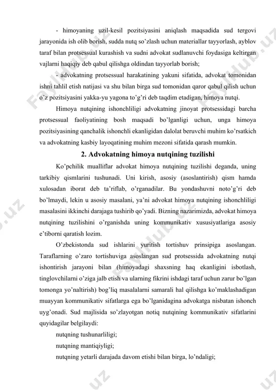 y e’tiborni qaratish lozim. o’zbekistonda sud ishlarini yuritish tortishuv prinsipiga asoslangan. taraflarning o’zaro tortishuviga asoslangan sud protsessida advokatning nutqi ishontirish jarayoni bilan (himoyadagi shaxsning haq ekanligini isbotlash, tinglovchilarni o’ziga jalb etish va ularning fikrini ishdagi taraf uchun zarur bo’lgan tomonga yo’naltirish) bog’liq masalalarni samarali hal qilishga ko’maklashadigan muayyan kommunikativ sifatlarga ega bo’lganidagina advokatga nisbatan ishonch uyg’onadi. sud majlisida so’zlayotgan notiq nutqining kommunikativ sifatlarini quyidagilar belgilaydi: nutqning tushunarliligi; nutqning mantiqiyligi; nutqning yetarli darajada davom etishi bilan birga, lo’ndaligi; nutqning his-hayajonliligi; nutqda bayon etilayotgan fikrlarning o’z joyidaligi; nutqning samimiyligi; nutqda aniqlik. nutqning tushunarligi uning tinglovchining ongiga osonlik bilan yetib borishini anglatadi. nutqning bu kommunikativ sifati ayniksa xalq maslahatchilari ishtirokida o’tkazilayotgan sud protsessida alohida ahamiyat kasb etadi. nutq o’zining tushunarligi tufayli ishonchli bo’lishi sud protsessi ishtirokchilarining ish yuzasidan advokat uchun zarur bo’lgan xulosalarga kelishiga yordam beradi. nutqning tushunarliligiga umum kabul qilingan so’zlar va iboralarni ishlatish orqali erishiladi. advokatning o’z nutqida boshqalar uchun tushunarsiz …