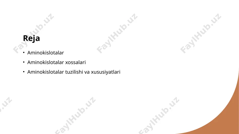 slotalar oqsillarni shakllantiradi, hujayra tuzilishi va funksiyasini ta'minlaydi, shu bilan birga fermentlar va gormonlar ishlab chiqarishda muhim rol o'ynaydi. oziqlanishdagi roli oziq-ovqatda aminokislotalar muhim, chunki ular organizmning o'sishi va rivojlanishi uchun zarur bo'lgan proteinlarni hosil qiladi, energiya manbai sifatida ham ishlatiladi. metabolik jarayonlar aminokislotalar metabolizm jarayonlarida ishtirok etadi, energiya ishlab chiqarish va muvozanatni saqlash uchun muhim bo'lgan turli kimyoviy reaktsiyalarni boshqaradi. aminokislotalarning kimyoviy xossalari va ularning o'zaro ta'siri. 01 aminokislotalarning tuzilishi aminokislotalar, asosan, karboksil va amin guruhlardan iborat, ularning tuzilishi protein sintezida muhim rol o'ynaydi. 02 kimyoviy xossalari aminokislotalar zaryadlangan yoki zaryadsiz guruhlar bilan farqlanadi, bu ularning ph darajasiga bog'liq bo'lib, biologik jarayonlarda muhim ahamiyatga ega. 03 o'zaro ta'sirlar aminokislotalar orasidagi o'zaro ta'sirlar, masalan, vodorod bog'lari va ion bog'lanishlari, proteinlarning shaklini va funktsiyalarini belgilaydi. aminokislotalarning turli xil xususiyatlari va ularning biologik jarayonlardagi roli. 1 aminokislotalarning xususiyatlari - aminokislotalar, ularning asosiy funksional guruhlari, ionli ta'sir va suyuqlikda eruvchanlik kabi fizik-kimyoviy xususiyatlarga …