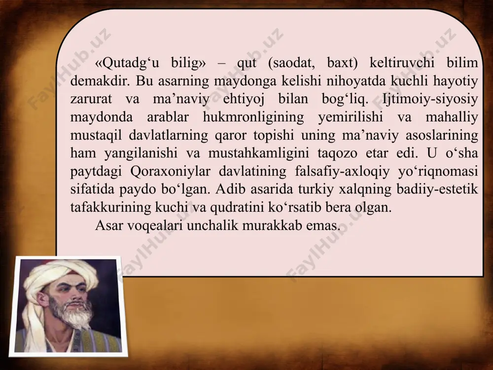 htalik va farovonlikni yuksaltirishga sarflaydi. ammo voqealar davomida vafot etadi. aslida, bu davlatning bebaqoligiga ishoradir. davlatga oyto‘ldi degan nomning berilishi ham ramziy-majoziy ishoralarga boy. ular yuqoridagi matnlar mazmuniga singdirilgan. (o‘sha o‘rinlarni yana bir marta qayta o‘qib ko‘ring). o‘gdulmish – asardagi eng faol qahramon. u – oyto‘ldining o‘g‘li. o‘gdulmish so‘zining ma’nosi o‘g bilan bog‘liq. u aql, aql­idrok ma’nosiga ega. o‘gdulmish «aql bilan ziynatlangan» demakdir. elig bilan savol-javoblarda o‘gdulmish turli-tuman kasb-hunar, amal-martaba egalarining fazilatlari haqida gapiradi. uning bek, vazir, elchi, kotib, xazinachi va boshqalar haqidagi fikrlari hayotiyligi, pand-u o‘gitlarga boyligi bilan ajralib turadi. yusuf xos hojib «davlat adolat va aql bilan boshqarilmog‘i kerak» degan fikrni ramziy shaklda ifodalagan. o‘gdulmish va o‘zg‘urmishning savol-javoblari ba’zan keskin munozara darajasiga yetadi. o‘gdulmish shunda ham bosiqlik qiladi, aql bilan fikr yuritadi, natijada o‘zg‘urmishni o‘z g‘oy alariga ishontira oladi. uning fikricha: xudo berdi qulga ikki ko‘z, quloq, ular bilan dunyo, oxiratga boq. ushlash uchun berdi yana ikki qo‘l, …