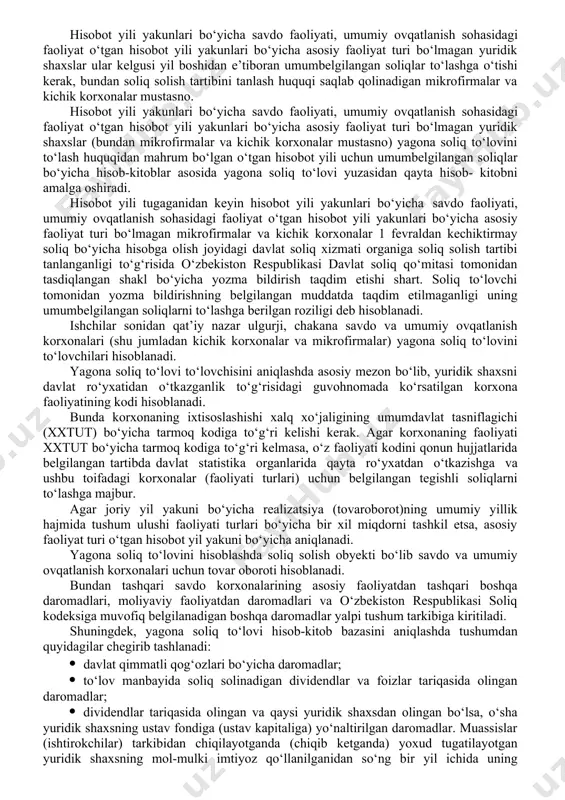 gan yuridik shaxslar belgilangan tartibda hisobot yili boshidan boshlab yagona soliq to‘lovini to‘lashi kerak. savdo va umumiy ovqatlanish korxonalari sifatida ro‘yxatdan o‘tkazilgan yangi tashkil etilgan yuridik shaxslar yagona soliq to‘lovini davlat ro‘yxatidan o‘tkazilgan sanadan e’tiboran joriy yil tugaguniga qadar, 1-oktabrdan keyin ro‘yxatdan o‘tkazilgan yuridik shaxslar esa keyingi yil tugaguniga qadar to‘laydi. 29 o‘zbekiston respublikasi prezidenti va vazirlar mahkamasining 2003-2016 yillardagi «o‘zbekiston respublikasining asosiy makroiqtisodiy ko‘rsatkichlari prognozi va davlat byudjeti parametrlari to‘g‘risida»gi qarorlari asosida tayyorlangan. agar yagona soliq to‘lovi to‘lovchilarda joriy soliq davrining ketma-ket keluvchi ikki choragi davomida savdo faoliyati va umumiy ovqatlanish sohasidagi faoliyat asosiy faoliyat turi bo‘lmasa, ular umumbelgilangan soliqlarni to‘lashga o‘tishga haqli. hisobot yili yakunlari bo‘yicha savdo faoliyati, umumiy ovqatlanish sohasidagi faoliyat o‘tgan hisobot yili yakunlari bo‘yicha asosiy faoliyat turi bo‘lmagan yuridik shaxslar ular kelgusi yil boshidan e’tiboran umumbelgilangan soliqlar to‘lashga o‘tishi kerak, bundan soliq solish tartibini tanlash huquqi saqlab qolinadigan mikrofirmalar va kichik korxonalar mustasno. hisobot yili …