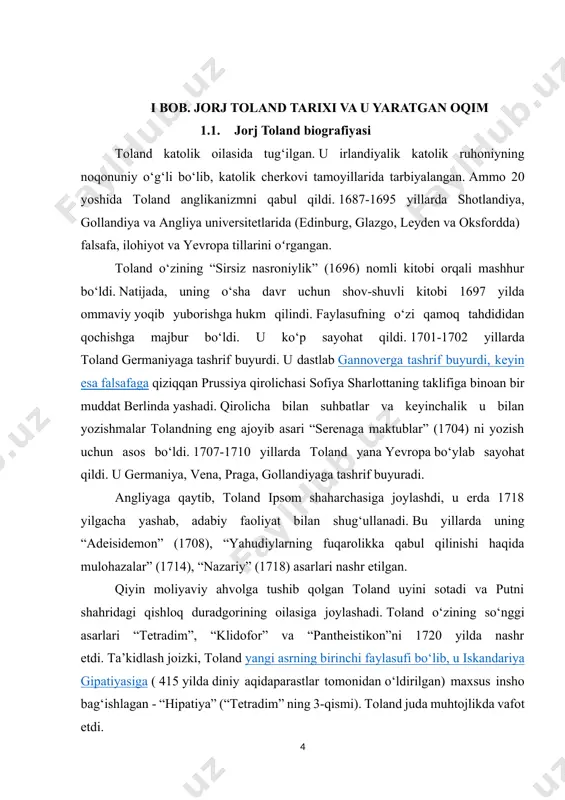 inliklarini madh etuvchi neoliberal mafkurani tan oladi; bu esa tafakkur nima ekanligini, uning tabiati, unga qanday funktsiyalar tegishli ekanligini va hokazolarni tushunish bilan chambarchas bog‘liq. ushbu muammoni o‘rgangan, lekin odatda e’tibordan chetda qolgan va / yoki alohida aniqlanmagan ismlar orasida (bu tadqiqotchilarning e’tibori muammoni hal qilishda yangi narsa qo‘shgan, oldindan belgilangan odamlarning ma’lum bir doirasiga qaratilganligi sababli yuzaga keladi. muammo yoki uning doirasida yangi savollar tug‘dirdi va/yoki ma’lum bir mutafakkirning dunyoqarashidagi urg‘u qat’iy belgilangan tarzda qo‘yilganligi) jon villard tolandni eslatib o‘tish joiz. villard toland (1670 yil 16 fevral, ardag, irlandiya — 1722 yil 11 mart, uandsvort, london, buyuk britaniya) — irland (ingliz) faylasufi, angliyadagi ilk falsafiy maʼrifat vakili, 1711-yilda erkin fikrlovchilar harakatining asoschisi va uning yangi davr intellektual an’analaridagi birinchi tarafdorlaridan biri. turli ma’lumotnomalarda odatda uning sherigi jon entoni kollinz erkin fikrlash harakatining asoschisi sifatida va uning tashkil topgan yili 1713-yil (kollinzning “erkin fikrlash to‘g‘risida” asari nashr etilganida) ko‘rsatilgan, bu …
