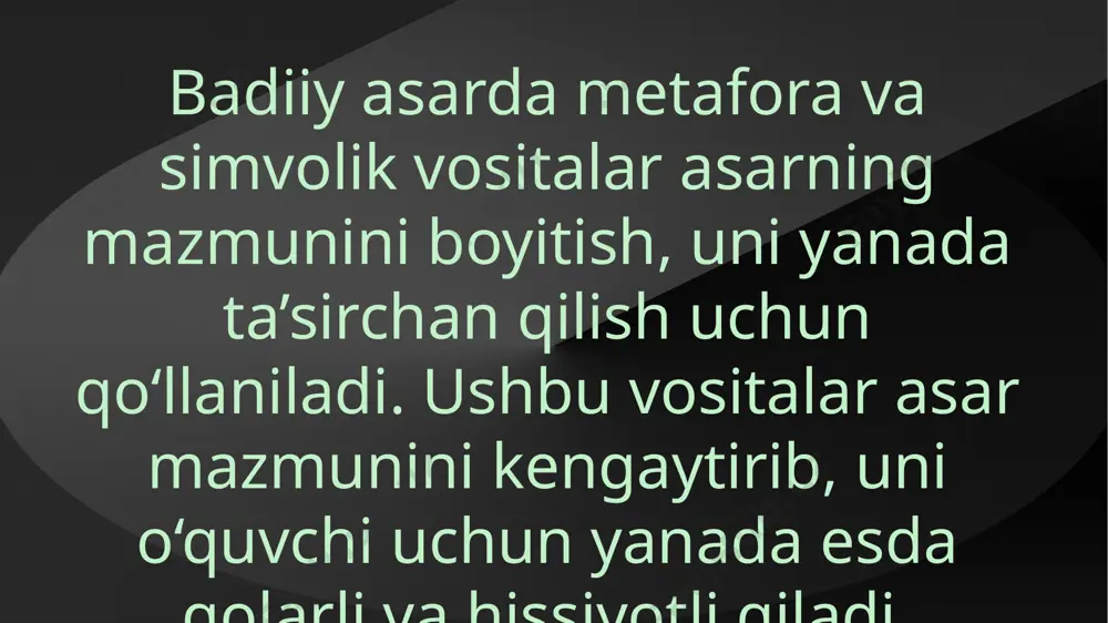 tadi. • 4. ko‘prik – aloqa, bog‘lanish yoki yangi bosqichga o‘tish timsoli sifatida ishlatiladi. masalan, daryoning ikki tomonini birlashtiruvchi ko‘prik, insonlar yoki g‘oyalarni birlashtirishni ifodalashi mumkin. • 5. daraxt – hayot, kuch va mustahkamlik timsoli sifatida ishlatiladi. uzoq umr va o‘sib borishni ifodalaydi. • 6. olov – olov ehtiros, qahr-g‘azab yoki halokatni ifodalaydi. masalan, sevgi olovi yoki g‘azab olovi deb aytilganda, kuchli his-tuyg‘ular ifodalanadi. e’tiboringiz uchun rahmat image1.jpeg /docprops/thumbnail.jpeg