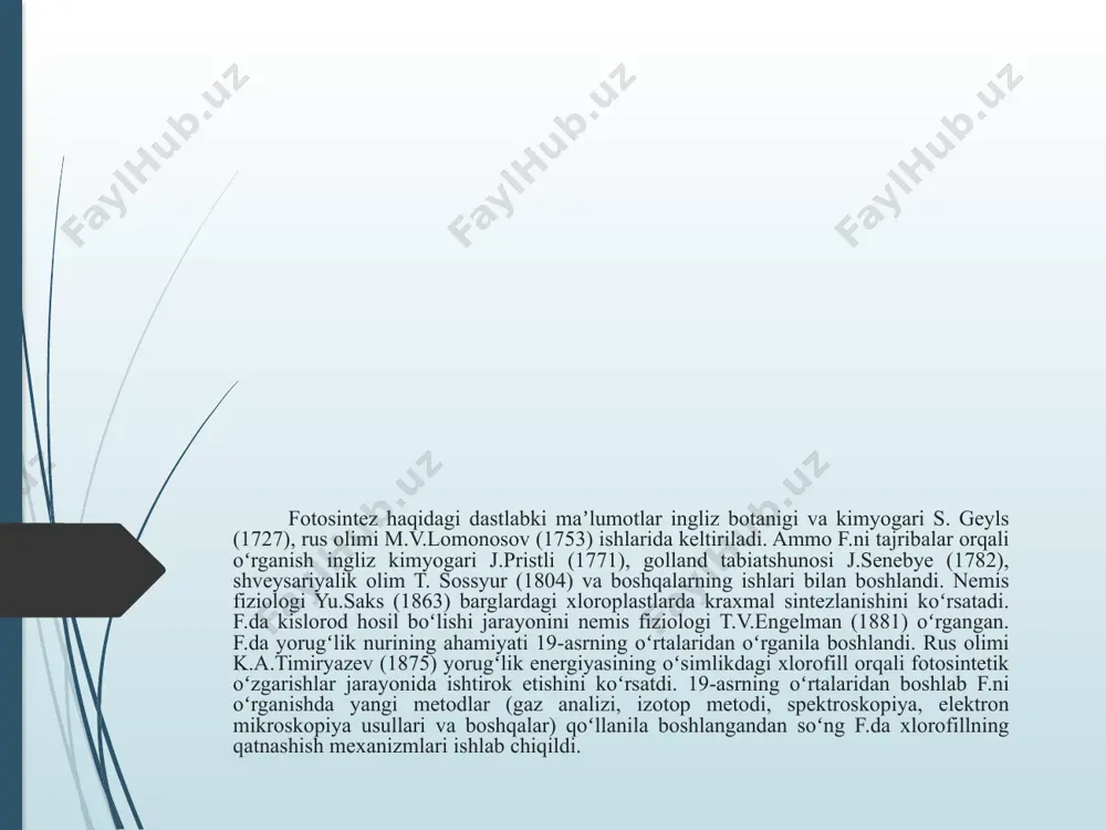 chun asos bo'ladi. fotosintez: yorug'lik reaktsiyalari deyarli barcha tirik mavjudotlar uchun eng muhim energiya manbai quyosh nuridir. fotosintez jarayonida yorug'lik energiyasi co2 va suvdan organik birikmalarni sintez qilish uchun ishlatiladi. fotosintez tezligi karbonat angidrid kontsentratsiyasining barcha oralig'ida ortadi. fotosintez tezligi karbonat angidrid kontsentratsiyasiga bog'liq emas. 0,08% karbonat angidrid konsentratsiyasida fotosintez tezligining oshishi to'xtaydi. o'simliklar fotosintez uchun foydalanadigan yorug'lik par nurlanishi deb ataladi, bu fotosintetik faol nurlanishning qisqartmasi. uning to'lqin uzunligi 400 dan 700 nm gacha. fotomorfogenez uchun to'lqin uzunligi diapazoni biroz kengroq - 300 nm (ultrabinafsha nur) dan 800 nm gacha (uzoq qizil). organik moddalar + kislorod → karbonat angidrid + suv, o'simliklar tanasida, xuddi hayvonlar organizmida bo'lgani kabi, kislorod bilan nafas olish jarayoni sodir bo'ladi. kechasi, qorong'uda o'simliklar faqat nafas oladi, lekin fotosintez qilmaydi. nurda, kunduzi nafas olish jarayoni fotosintez jarayoniga parallel ravishda boradi. e’tibotingiz uchun rahmat image1.jpeg image2.png image3.png image4.png
