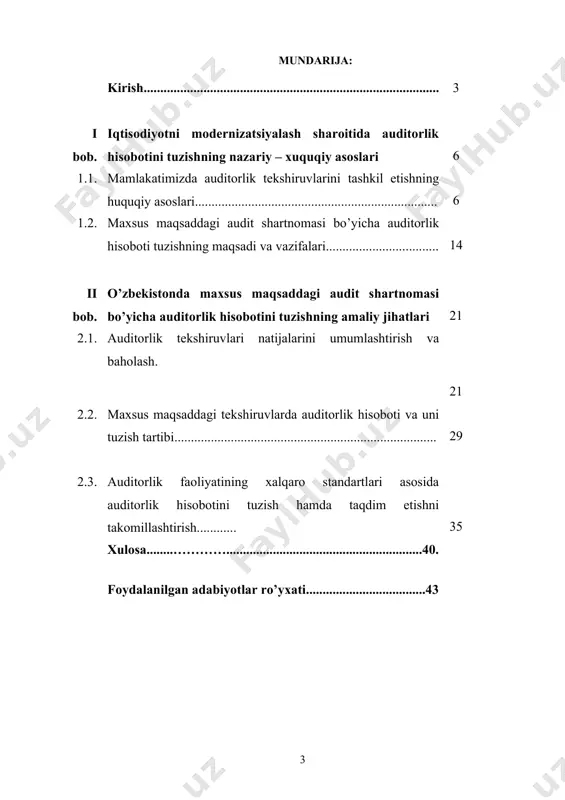 o’zida aks ettirgan auditorlik hisoboti asosida baho berishimiz lozim bo’lmoqda. zero, prezidentimiz islom karimov takidlaganidek: «…o’tgan yilda iqtisodiyotimizga 11 milliard 700 million dollar miqdorida ichki va xorijiy investitsiyalar jalb etildi yoki bu boradagi ko’rsatkich 2011 yilga nisbatan 14 foizga o’sdi. jami investitsiyalarning 22 foizdan yoki 2 milliard 500 million dollardan ortig’ini xorijiy investitsiyalar tashkil etdi, ularning 79 foizdan ko’prog’i to’g’ridan-to’g’ri xorijiy investitsiyalardir....» . e’tiborga sazovor tomoni shuki, jami investitsiyalarning qariyb 74 foizi ishlab chiqarishni modernizatsiya qilish va yangilashga qaratilgan dastur va loyihalarni amalga oshirishga yo’naltirildi. shunday ekan, mamlakatimizda xo’jalik sub’ektlari biznesi ishonchliligini baholashda auditorlik tekshiruvlari sifatini yanada oshirish va moliya-xo’jalik faoliyatiga xolisona baho berishni takomillashtirish maqsadida maxsus shartnoma asosida auditorlik teshiruvlarini tashkil etish hamda hisobot tuzishni tadqiq qilish, bitiruv malakaviy ishi mavzusining dolzarbligini belgilaydi. kurs ishining maqsadi xo’jalik yurituvchi sub’ektlar moliyaviy-xo’jalik faoliyatini amaldagi qonunchilik asosida maxsus maqsaddagi audit shartnomasi bo’yicha auditorlik teshiruvidan o’tqazish va uning natijalari bo’yicha auditorlik hisobotini tuzish …
