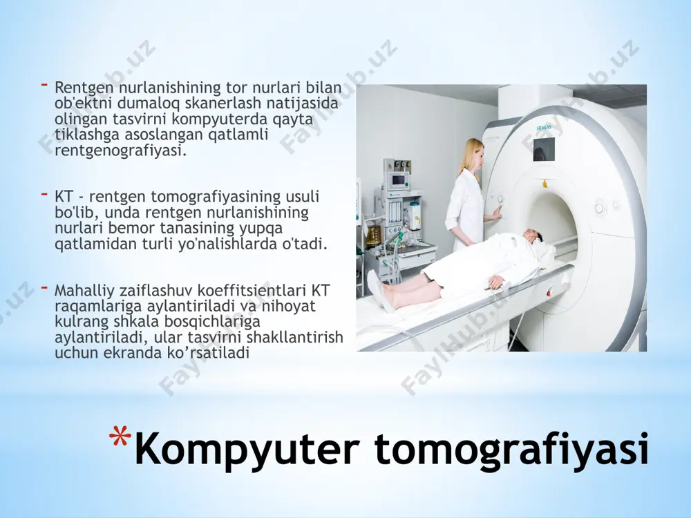 ib, rentgen nurlari to'qimalarning zichligi va atom tarkibiga mos ravishda zaiflashadi. shu bilan birga, rentgen nurlari elektr signallariga (raqamli rentgenologiya printsipiga muvofiq) aylantiradigan maxsus detektorlar tizimi tomonidan aylantiriladi va natijada tasvir paydo bo'ladi. rentgen trubka bemorning atrofida 360°to'liq aylantirib turli burchaklarida tasvirga oladi. natijada barcha detektorlardan kelgan signallar kompyuter xotirasiga kiritiladi, keyin kompyuterda qayta ishlash yordamida tekis tasvir yaratiladi. bir kesma olgandan so'ng, ular bemorning stolini 0,3-10 mm ("qadam" da) – tadqiqot vazifalariga qarab, keyingi bosqichga o'tadi. keyingi ko'rik uchun stolni ko'chirish uchun zarur bo'lgan ma'lum vaqt (5-15 soniya) talab etiladi. shuning uchun, bu kt systems ham "qadam-baqadam" deb ataladi . 1 – rentgen trubkasi, 2 – rentgen nuri chiqadigan, 3 - tadqiqot ob'ekt, 4 – nurlarni qabul qiluvchi detektorlar. suvning zichligi nol belgisi uchun - 0 hu. havoning zichligi -1000 hu, suyak zichligi + 1000 hu. inson tanasining qolgan to'qimalari har hil zichliklarda belgilangan. barcha zichlik zonalari ekranda bir …