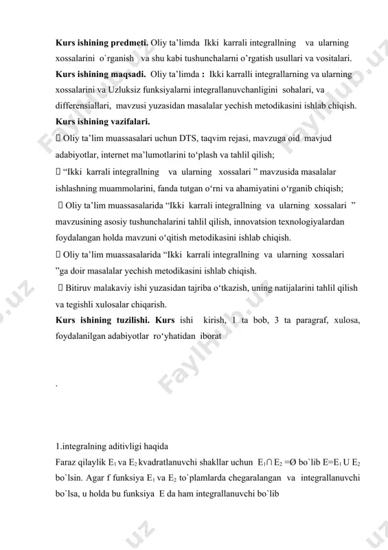 , demak integralning aditivligi haqida (1) - teoremaga asosan, bu ikki funksiya e da integrallanuvchi. ravshanki, φ(x) ≤ f(x) ≤ ψ(x), x⋴ e , va (2) ga ko`ra, dx = 2m (|e| - |p|) 0 shartni qanoatlantirsa, u holda > 0 qat`iy tengsizlik bajarilib, natijada μ o`rta qiymat (6) tenglikdan aniqlanadi. haqiqatdan, agar q yopiq ko`pburchakli shakl e ning ichida yotib, yuzi musbat bo`lsa, veyershtrassning ikkinchi teoremasiga ko`ra, p funksiya biror x0 ⋴ q nuqtada m(q) > 0 minimumga erishadi. shunday ekan, quyidagi ≥ m(q)|q| > 0 baho bajariladi. agar integral ostiga funksiya uzluksiz bo`lib integrallanayotgan soha bog`langan to`plam bo`lsa, u holda o`rta qiymat haqida formula eng sodda ko`rinishga ega bo`ladi. eslatib o`tamiz, bog`langan to`plamm deganda biz chizziqli bog`langan to`plamni tushunar edik, yani bu shunday to`plamki uning istalgan ikki nuqtasini to`laligicha shu to`plamda yotuvchi, uzluksiz egri chiziq bilan bog`lash mumkun. ravshanki, bog`langanlik xossasi to`plamni uzluksiz akslantirishda saqlanadi. chunonchi, agar ψ …