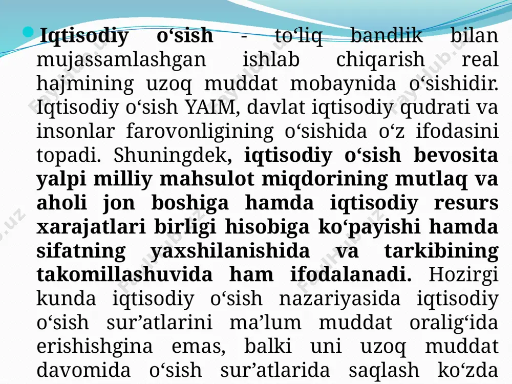 sa aholi 8 mlrd.ni tashkil etishi mo‘ljallangan edi amerikalik iqtisodchi e. meddison eramizning 500-yilidan boshlab iqtisodiy o‘sish tarixini o‘rganar ekan, qiziqarli natijalarga keldi. so‘nggi, bir yarim yil oralig‘ida bir kishi uchun yetarli bo‘lgan mahsulot chiqarish o‘sishi va aholi o‘sishi orasidagi aniq bog‘liqlik bo‘lgan doiradagi 4 davr ko‘rsatiladi. davr aholi o‘sishi aholi ehtiyojida mahsulot ishlab chiqarish hajmining o‘sishi agrarianizm (500-1500-y.) 0,1 0,0 rivojlangan agrarianizm (1500-1700-yillar) 0,2 0,1 savdo kapitalizmi (1700- 1800-yillar) 0,4 0,2 zamonaviy kapitalizm (1820- 1980) 0,9 1,6 amerikalik yana bir tadqiqotchi, iqtisodiy o‘sishni tushuntirishga miqdoriy yondashuv asoschisi s. kuznets angliya, germaniya, aqsh kabi mamlakatlardagi iqtisodiy o‘sish sur’atlari tezligi sanoat burilishi va kapitalizmning yetakchi iqtisodiy tizimga aylangan davri bilan bog‘liq deb hisoblaydi. kapitalizm mohiyatan, kapitalistik rivojlanish yo‘lida turgan mamlakatlar iqtisodiy o‘sishida o‘zakli o‘zgarish bilan ta’minlaydigan birinchi iqtisodiy tizim bo‘lib qoldi. yangi industrial mamlakatlar (yaim) iqtisodiy yutug‘i sabablari nimada? bu savolga javob berish uchun xalqaro bank tomonidan uch guruh omillari ta’sirini …
