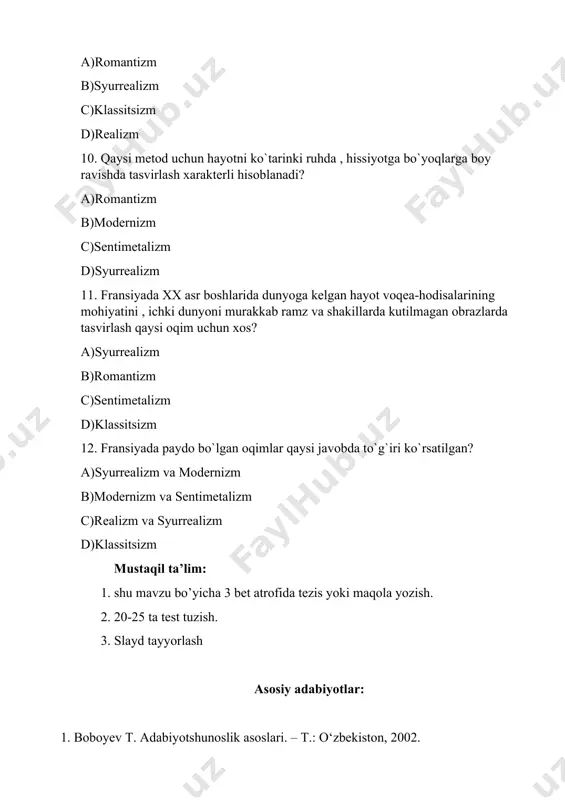 k tasvir prinsiplariga qarshi o‘laroq, vujudga kelgan adabiy oqim. strukturalizm (lot. structure - qurilish, joylashish) - xx asrdagi ikkita jahon urushi oralig‘ida shakllangan va 60-yillarga kelib keng (ayniqsa, fransiyada) ommalashgan yo‘nalish, ijtimoiy va gumanitar ilm sohalaridagi tadqiqot metodi. syurrealizm (fr. surrealisme - oliy realizm, realizmdan yuqori) - adabiyot va san'atdagi xx asrning 20-yillarida maydonga kelgan avangardistik yo‘nalish. tanqidiy realizm - xix aerning o‘rtalarida maydonga kel-gan adabiy yo‘nalish, ijodiy metod (q. realizm). modernizm – (fr. moderne - eng yangi, zamonaviy) - xix asr oxiri - xx asr boshlarida ommalashgan termin, san’at va adabiyotda dekadansdan keyin maydonga chiqqan norealistik oqimlarning umumiy nomi sifatida tushuniladi. postmodernizm – (fr. postmodernizme - modernizmdan keyingi) - o’tgan asrning ikkinchi yarmidan boshlab adabiyot va san’atda, umuman, ijtimoiy-gumanitar sohalarda kuzatila boshlagan oqim, ijodiy metod. 8 – amaliy mashg’ulot: badiiy asarni tahlil qilish usullari reja: 1. epik asarlar qanday tahlil qilinadi? 2. syujet, kompozitsiya, mavzu, g’oyalar tahlil qilish yo’llari. …
