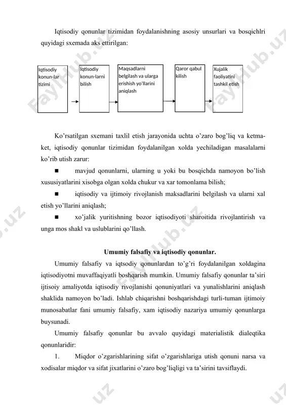 vaqtdir. bozor munosabatlari sharoitida menejment eski buyruqbozlik shakl va uslublarni inkor etib, ular ilmiy asoslangan yangilari bilan almashtiriladi. 4. ijtimoiy borlikning ijtimoiy ongdan birlamchi ekanligini belgilovchi qonun mexnat jamoasi, aloxida mexnatkash xayotining birlamchi ekanligini ko’rsatdi. boshqaruvni umumlashtirish zarur bo’lgan ijtimoiy, jamoa, shaxsiy manfaatlarni aniqlashda bu qonun amal qilishini xisobga olmay amalga oshirib bulmaydi. 5. ishlab chiqarish kuchlarining ijtimoiy-iqtisodiy munosabatlarga nisbatan belgilovchi ekanligini ifodalovchi qonun boshqaruv uchun katta ahamiyatiiyatga ega. aynan boshqaruv vositasida ishlab chiqarishning ikki tomoni ishlab chiqaruvchi kuchlar va ijtimoiy-iqtisodiy munosabatlar aloqasi yo’z beradi. falsafaning yuqorida sanab utilgan va boshqa qonunlari menejment metodologiyasi asosini tashkil etadi. ular menejmentda markaziy kategoriyalar bo’lib, uning konsepsiyasi birligini mustaxkamlash, barcha kategoriyalar urtasidagi bog’liqlikni aniqlashga imkon yaratadi. iqtisodiyotni boshqarish tizimida iqtisodiy qonunlar yetakchilik kiladi. insonlar mexnatini erkin birlashtiruvchi va tartibga soluvchi boshqarish tizimi maksadlarni aniq belgilash, ularni amalga oshirish yo’llarini izlash, ular erishilgan natijalariga baxo berish, iqtisodiy samaradorligida aks etuvchi iqtisodiy qonunlar talablari aniq …