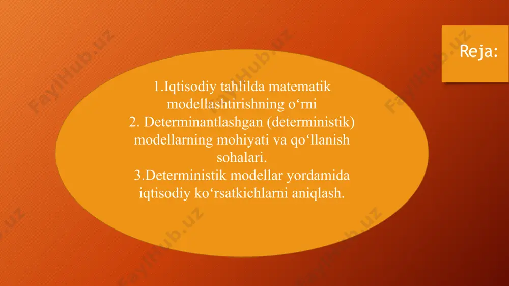 . katta statistik ma’lumotlar talab etadi. xulosa iqtisodiy tahlilda deterministik va stoxastik modellar bir-birini toʻldiradi. deterministik modellar umumiy qonuniyatlarni koʻrsatadi, stoxastik modellar esa real hayotdagi tasodifiylik va risklarni hisobga oladi. shuning uchun ularni integratsiyalashgan holda qoʻllash iqtisodiy qarorlar samaradorligini oshiradi. e’tiboringiz uchun rahmat! image2.png image3.png image4.png image5.png image6.png image7.png image1.png /docprops/thumbnail.jpeg
