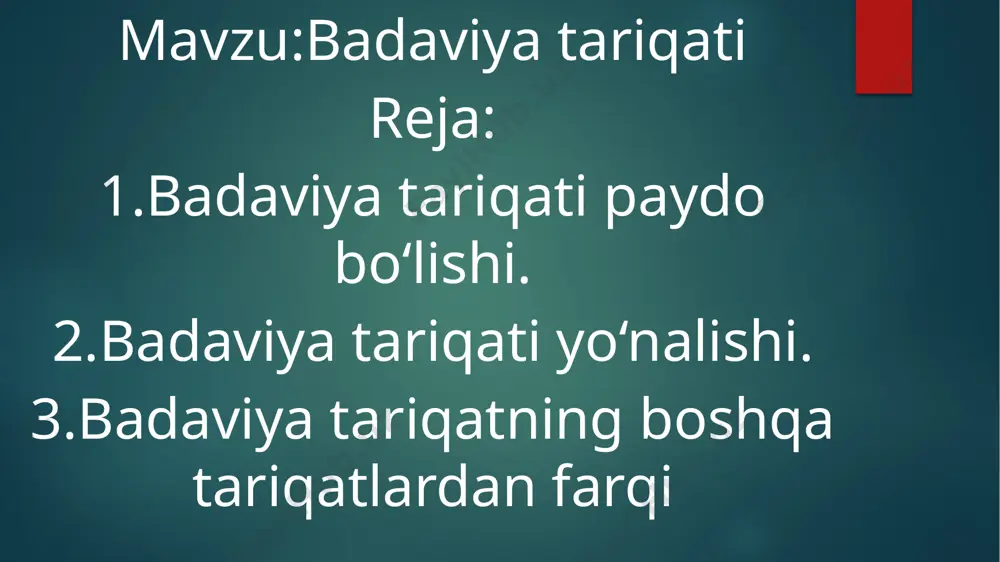 da va qohiradagi husayn masjidida jamoa bo‘lib maxsus qo‘shiqchi xonishi hamda nog‘ora sadosi ostida davra bo‘lib zikr tushganlar. davra bo‘ylab aylanayotgan zikr ishtirokchilari vaqti-vaqti bilan qo‘llarini oldinga cho‘zib chuqur ta’zim bajo keltirib turishgan. bayram sanalari qadimiy qibtiy quyosh taqvimiga qarab belgilangan. bayramlar vaqtidagi tartib ustidan badaviya a’zolaridan tuzilgan maxsus qo‘riqchilar - nuh avlodlari nazorat yurgizishgan. ularning belida yog‘och qilich, qo‘llarida arqon qamchin, bo‘yinlarida turli rangdagi ko‘krakkacha tushib turuvchi munchoq shodalari bo‘lgan. bosh kiyimlarining tepasida rangli tizimchalardan qilingan tutama (o‘ram) bo‘lgan. badaviya tariqotidan quyidagi shoxobchalar ajralib chiqqan: salamiya, inbaiya, munaviya, sutuhiya va bayyumiya, matlubiya va boshqalar. foydanilgan adabiyot usmonov i, olimov s, yo'ldashxo'djayev h, faxriddinov z, to'ychiyeva n, jabborov n, cho'tmatov j, rahimov k, komiljonova z, karimova s, nurmuhammedov d, erkaboyeva f, jurayev o turdiyeva d.. tasavvuf atamalari. movarounnahr nashriyoti, 2015 — 360 bet. e‘tiboringiz uchun rahmat... image6.jpeg image7.jpeg image8.jpeg image2.png image3.png image4.png image5.png /docprops/thumbnail.jpeg