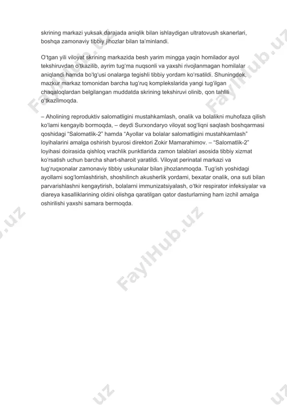 aloqlarning nuqsonli tug‘ilishi bilan bog‘liq holatlar sezilarli darajada kamaydi. bu aholi, ayniqsa, xotin-qizlar o‘rtasida tibbiy madaniyatni oshirishga qaratilgan izchil tadbirlar samarasidir. shahar va tumanlarda yoshlarni nikohdan oldin tibbiy ko‘rikdan o‘tkazib, ularga oilaviy hayot to‘g‘risida aniq maslahatlar beradigan oila va nikoh, tibbiy-irsiy maslahatxonalar faoliyati yo‘lga qo‘yildi. homilador ayollar va chaqaloqlar patalogiyasini barvaqt aniqlash, tibbiy tekshirish yo‘li bilan nogironlik va irsiy kasalliklarning oldini olish uchun viloyat skrining markazi yuksak darajada aniqlik bilan ishlaydigan ultratovush skanerlari, boshqa zamonaviy tibbiy jihozlar bilan ta’minlandi. o‘tgan yili viloyat skrining markazida besh yarim mingga yaqin homilador ayol tekshiruvdan o‘tkazilib, ayrim tug‘ma nuqsonli va yaxshi rivojlanmagan homilalar aniqlandi hamda bo‘lg‘usi onalarga tegishli tibbiy yordam ko‘rsatildi. shuningdek, mazkur markaz tomonidan barcha tug‘ruq komplekslarida yangi tug‘ilgan chaqaloqlardan belgilangan muddatda skrining tekshiruvi olinib, qon tahlili o‘tkazilmoqda. – aholining reproduktiv salomatligini mustahkamlash, onalik va bolalikni muhofaza qilish ko‘lami kengayib bormoqda, – deydi surxondaryo viloyat sog‘liqni saqlash boshqarmasi qoshidagi “salomatlik-2” hamda “ayollar va …