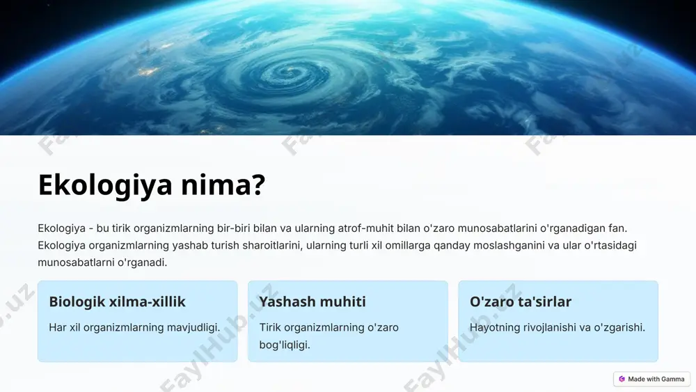 ik ultrabinafsha nurlanish darajasining oshishi 6 suv resurslari va ularning ifloslanishi suv resurslari cheklangan va ularning ifloslanishi tirik organizmlar uchun xavf tug'diradi. qishloq xo'jaligi chiqindilari pestitsidlar, o'g'itlar. sanoat chiqindilarikimyoviy moddalar, og'ir metallar. uy chiqindilari yuvish vositalari, oqava suvlar. 7 tuproq tarkibidagi o'zgarishlar tuproq tarkibida o'zgarishlar o'simliklarning o'sishi va hayvonlarning yashab turishiga salbiy ta'sir ko'rsatadi. eroziya suv va shamol tomonidan tuproqning yuvilib ketishi. tuproqning yo'qolishi o'g'itlarning haddan tashqari foydalanilishi tuproqning unumdorligini kamaytiradi. ifloslanish kimyoviy moddalar, o'g'itlar tuproqqa kirib, uning sifati pasayadi. 8 o'simlik va hayvonot dunyosining buzilishi o'simlik va hayvonot dunyosining buzilishi bioxilma-xillik yo'qotilishiga olib keladi. bioxilma-xillik har xil turdagi o'simlik va hayvonlarning mavjudligi. habitat yo'qotilishi o'simlik va hayvonlarning yashab turish muhitining yo'qolishi. 9 ekologik muammolarni bartaraf etish yo'llari ekologik muammolarni bartaraf etish uchun hamma birgalikda harakat qilishlari kerak. 1 energiya tejash qayta tiklanadigan energiya manbalaridan foydalanish. 2 chiqindilarni qayta ishlash qog'oz, plastik, shisha va boshqa materiallarni qayta ishlash. 3 o'simlik …