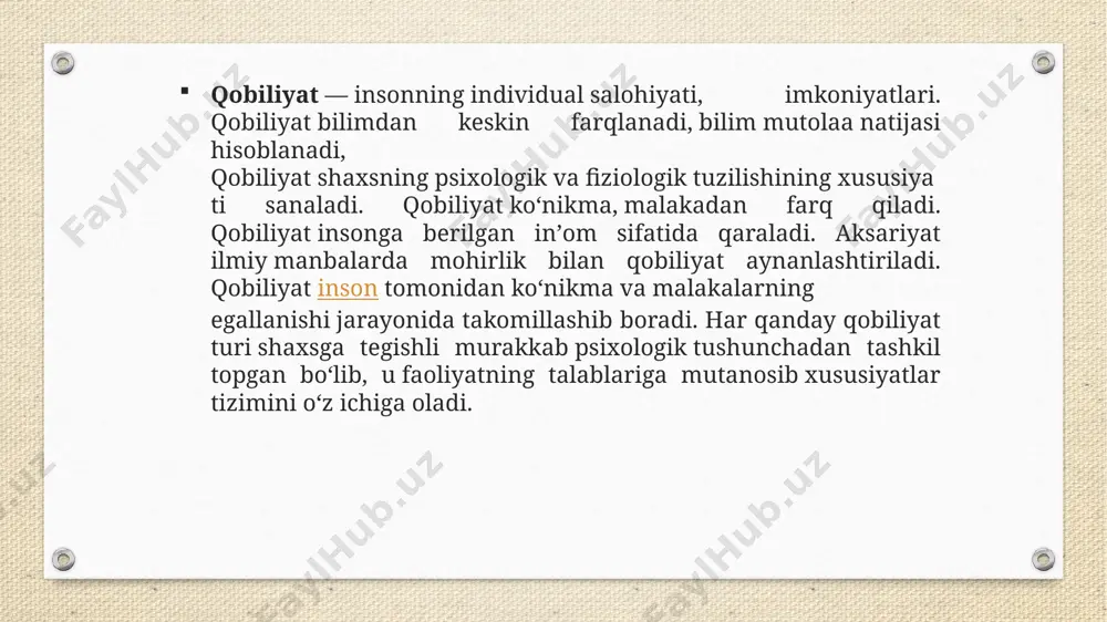 dagi mahorat darajasi haqiqatdir. bolada namoyon bo‘ladigan musiqaga qobiliyati uning musiqachi bo‘lishi uchun imkoniyatlar, maxsus ta’lim berilishi, qat’iylik, salomatligining yaxshi bo‘lishi, musiqa asbobi, notalar va boshqa ko‘pgina sharoitlar bo‘lishi kerak. bularsiz qobiliyatlar taraqqiy etmay turiboq so‘nib ketishi mumkin. e’tiboringiz uchun rahmat image1.png image5.jpeg image6.jpeg image7.jpeg image8.jpeg image9.png image2.png