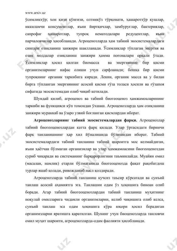 лар, сапрофаг ҳашаротлар, тупроқ нематодалари редуцентлар, яъни парчаловчилар ҳисобланади. агроценозларда ҳам табиий экосистемалардаги сингари озиқланиш занжири шаклланади. ўсимликлар тўплаган энергия ва озиқ моддалар озиқланиш занжири ҳамма поғоналари орқали ўтади. ўсимликлар ҳосил қилган биомасса ва энергиянинг бир қисми организмларнинг нафас олиши учун сарфланади; бошқа бир қисми тупроқнинг органик таркибига киради. лекин, органик масса ва у билан бирга тўпланган энергиянинг асосий қисми ғўза толаси ҳосили ва ғўзапоя сифатида экосистемадан олиб чиқиб кетилади. шундай қилиб, агроценоз ва табиий биогеоценоз ҳамжамоаларининг таркиби ва функцияси кўп томондан ўхшаш. агроценозларда ҳам озиқланиш занжири мураккаб ва ўзаро узвий боғланган қисмлардан иборат. агроценозларнинг табиий экосистемалардан фарқи. агроценозлар табиий биогеоценозлардан катта фарқ қилади. улар ўртасидаги биринчи фарқ танланишнинг ҳар хил йўналишида бўлишидан иборат. табиий экосистемалардаги табиий танланиш табиий шароитга мос келмайдиган, яъни ҳаётчан бўлмаган организмлар ва улар ҳамжамоасини биогеоценоздан суриб чиқаради ва системанинг барқарорлигини таъминлайди. муайян омил (масалан, намлик) етарли бўлмаганида биогеоценозда фақат рақобатдош турлар яшаб қолади, ривожланиб насл …