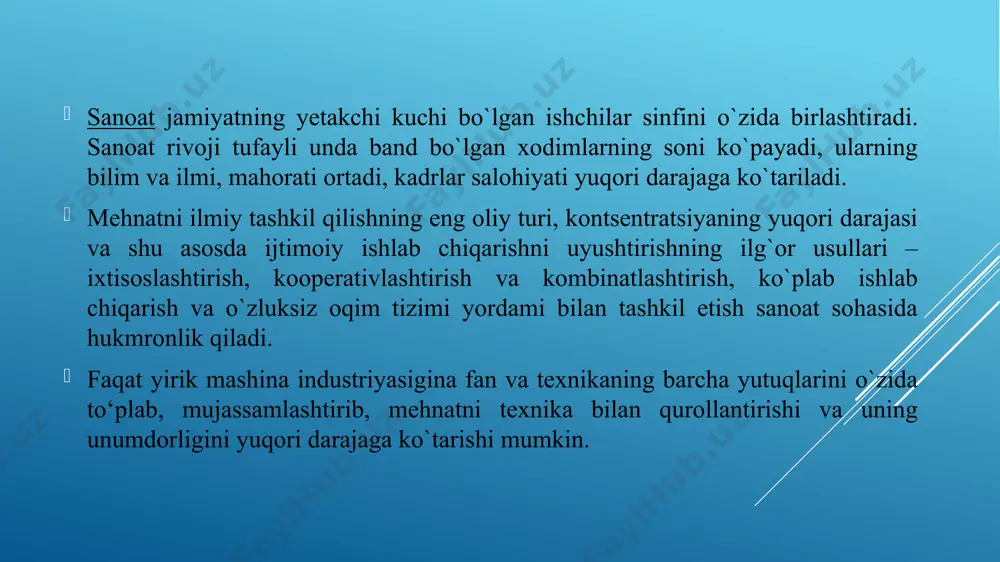 iqarishlardan tashkil topadi. bugungi kunda respublika sanoatida 175 tarmoq, 1500 ga yaqin yirik va o`rta sanoat korxonalari mavjud. o`zbekiston ko`rsatkichlari ijobiy bo`lishining eng muhim sabablari – bu mavjud sanoat tarmoqlarining kerakli hajmda saqlab qolib, yangi tarmoqlarni yaratish strategiyasi bo`ldi. mustaqillikning birinchi yillaridanoq o`zbekiston hukumati uchun real sektorni rivojlantirish ustuvor yo`nalishlardan biri bo`lib hisoblanadi. shu bilan birga, yengil sanoatlarining rivoji ham qayd etildi. struktura siyosati haqida mulohaza yuritishdan oldin, strukturaning o`zi nima ekanligini bilib olishimiz zarur. struktura lotincha, «structura» so`zidan olingan bo`lib, narsalar tarkibiy qismlarining o`zaro bog`liq ravishda joylashish, tuzilishini bildiradi. struktura siyosatining mohiyati sohalarning tuzilmaviy jihatlarini belgilab berish, yo`lga solib turishdan iboratdir. mustaqillikning o`tgan 27 yilligida va 2017-2021 yillarga mo`ljallangan iqtisodiy siyosatning yo`nalishi va xususiyatlari doirasida belgilangan milliy iqtisod strukturasida progressiv o`zgarishlarni amalga oshirish, tarmoqlararo va tarmoq ichki proportsiyalarini takomillashtirish, fan-texnika taraqqiyotini belgilovchi tarmoqlarni ustuvor rivojlantirishni davom ettirish vazifasi muhim ahamiyatga molikdir. davlat strategiyasiga muvofiq ijtimoiy ishlab chiqarish va jumladan, …