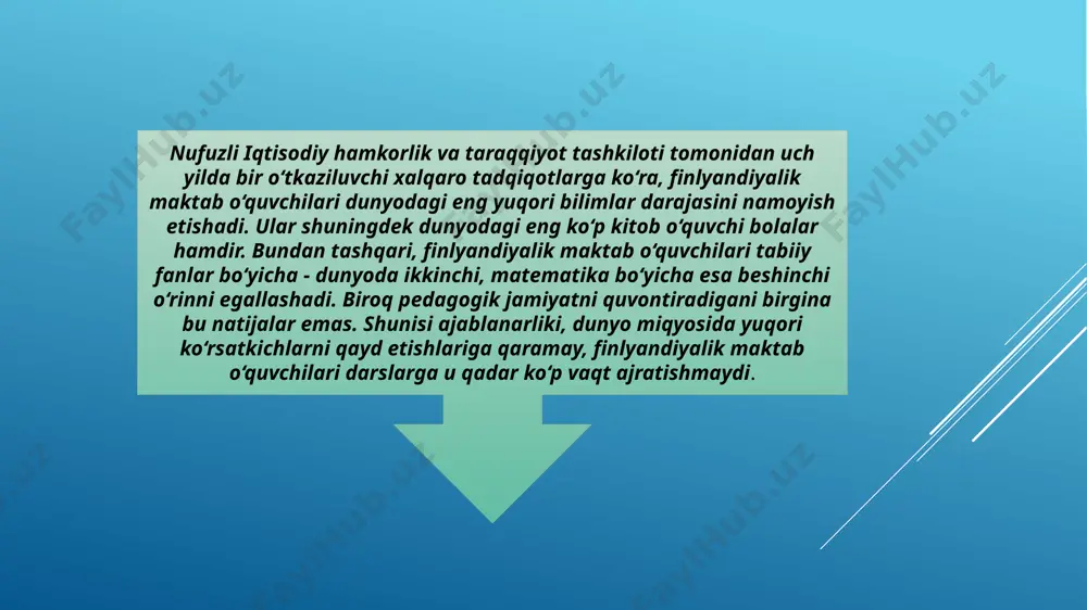 olish mumkin. yaqin vaqtlargacha finlarga maktab tanlash taqiqlangan edi, bolalar shunchaki eng yaqin oradagi maktabga chiqishardi. taqiq bekor qilindi, lekin ota-onalarning aksariyati baribir bolalarni yaqin oradagi ta'lim muassasasiga berishni ma'qul ko‘rishmoqda, zero finlyandiyada barcha maktablar birdek yaxshi. bir fanning boshqalaridan chuqurroq o‘rgatilishi maqsadga muvofiq emas. u yerda, masalan, matematika san'atdan muhimroq hisoblanmaydi. aksincha, qobiliyatli bolalar uchun alohida sinflar tashkil qilinishiga yagona sabab ularning tasviriy san'at, musiqa va sportga moyilligi bo‘lishi mumkin. – barcha fanlar o‘qituvchi o‘quvchisining ota-onasi kim bo‘lib ishlashini oxirgi navbatda, zarurart tug‘ilgandagina biladi. o‘qituvchilarga ota-onalarning ish joyiga doir savollar berish taqiqlangan. – ota-onalar finlar o‘quvchilarni xususiyatlari yoki tanlovlariga qarab tasniflashmaydi. shuningdek, "yaxshi" va "yomon" o‘quvchilar ham yo‘q. o‘quvchilarni bir-biriga taqqoslash taqiqlangan. daho bolalar ham, aqliy salohiyati bo‘shroq bolalar ham "o‘ziga xos" hisoblanib, barcha bilan birga o‘qishadi. umuman olganda, jamoada nogironligi bo‘lgan bolalar ham ta'lim oladi. oddiy maktabda ko‘rish va eshitish organlari kasalliklari bo‘lgan o‘quvchilar uchun sinf tashkil qilingan …