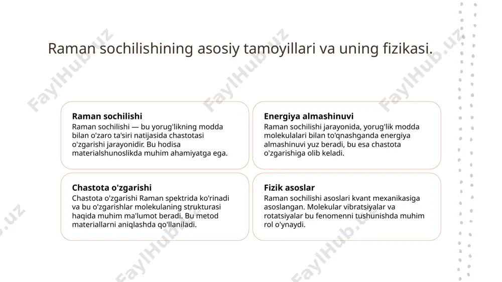 iladi, tumorlarni aniqlashda samarali natijalar beradi. 4 o'zbekistonda tadqiqotlar - o'zbekistonda raman spektroskopiyasiga qaratilgan tadqiqotlar materialshunoslik va ekologiya sohalarida yangi natijalar va ilmiy ishlanmalarni taqdim etmoqda. raman spektroskopiyasining asosiy printsiplari va qo'llanilishi. 1 raman spektroskopiyasi - raman spektroskopiyasi, yorug'likning moddalarga ta'sirida hosil bo'ladigan spektroskopik usul bo'lib, molekulalarning vibratsiya holatlarini aniqlash imkonini beradi. 2 asosiy printsiplar - ushbu usulda, lazer yorug'ligi moddalarga tushiriladi, natijada yorug'likning chastotasi o'zgaradi, bu o'zgarish molekulalarning kimyoviy tuzilishini aks ettiradi. 3 qo'llanilishi - raman spektroskopiyasi, kimyo, biologiya va materialshunoslik sohalarida keng qo'llanilib, moddalarning tarkibi va strukturasini aniqlashda muhim ahamiyatga ega. 4 o'zbekistondagi tadqiqotlar - o'zbekistonda raman spektroskopiyasi sohasida olib borilayotgan tadqiqotlar, mahalliy materiallarni tahlil qilish va yangi texnologiyalarni ishlab chiqishda muhim rol o'ynaydi. materiallar tahlilida raman spektroskopiyasining o'ziga xos afzalliklari. 1 raman spektroskopiyasi raman spektroskopiyasi, materiallarning molekulyar tuzilishini aniqlashda noyob imkoniyatlar taqdim etadi, bu esa ilmiy tadqiqotlar uchun ahamiyatlidir. 2 yuqori sezgirlik ushbu usul juda past konsentratsiyalardagi …