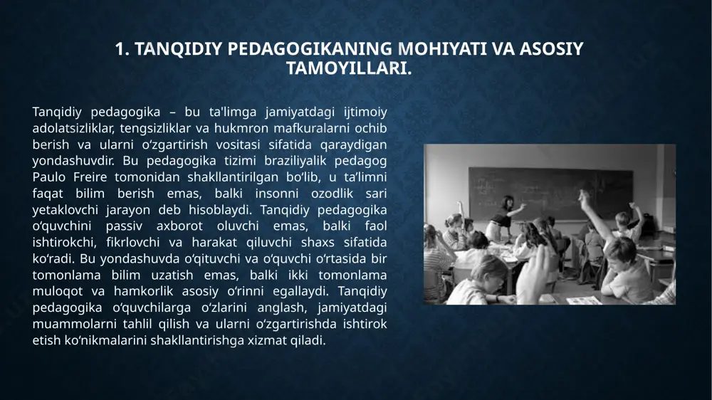 siya va adolatsizliklarga qarshi kurashish imkonini beradi. u o‘quvchilarga faqat bilim emas, balki adolat uchun kurashishda zarur bo‘lgan ong, jasorat va ijtimoiy mas’uliyatni ham singdiradi. tanqidiy pedagogikaning ijtimoiy adolatga qo‘shgan eng katta hissasi — bu o‘quvchini jamiyatdagi tengsizliklarni ko‘ra oladigan, tahlil qila oladigan va o‘zgartirishga harakat qiladigan ongli fuqaroga aylantirishdir. ushbu pedagogika modeli o‘quvchilarning madaniy, etnik, sinfiy, jinsiy yoki boshqa ijtimoiy farqlarini qadrlaydi va ularni inkor etish emas, balki ularning mazmunini ochib berish orqali ijtimoiy dialogni rivojlantiradi. shunday qilib, har bir o‘quvchi o‘zini jamiyatda muhim va qadrli shaxs sifatida his qiladi. bu esa ijtimoiy adolatning muhim asosidir — har kimning ovozi eshitilishi va tan olinishi. tanqidiy pedagogika jamiyatdagi hukmron mafkuralarni tanqidiy tahlil qilish orqali o‘quvchilarga mustaqil fikrlash va shaxsiy pozitsiyasini shakllantirish imkonini beradi. bu orqali o‘quvchilar jamiyatda mavjud adolatsizliklarga befarq bo‘lmaydi, balki faol fuqarolik pozitsiyasini egallaydi. masalan, kambag‘allik, gender tengsizligi, irqiy yoki milliy kamsitish kabi muammolarni tahlil qilib, ularning ildiziga …