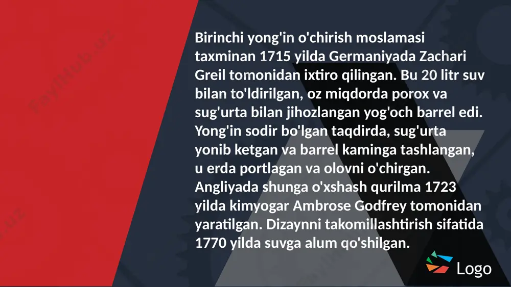 rishga asoslangan edi, buning natijasida issiqlik intensiv ravishda ajralib, suvni bug'ga aylantirdi. bug 'o't o'chirgichning yuqori qismidagi purkagich orqali etkazib berildi. afsuski, janob philips ixtiro qilingan qurilmaning samaradorligini isbotlay olmadi, amerika qo'shma shtatlarida ikkita sinov muvaffaqiyatsiz tugadi va kinoya bilan flibs zavodi yong'in natijasida vayron bo'ldi. philips fire annihilator yong'inga qarshi qurilma add your title here doktor fransua karlier 1866 yilda "l'extincteur" o't o'chirgichi uchun patent oldi, uning ishlash printsipi kislotadan foydalanishga asoslangan edi. tarixda birinchi marta yong'in o'chirish moslamasi idish ichidagi yong'in o'chirish vositasini chiqarish uchun kerakli bosimni olishga imkon berdi. "tartarik kislota" va natriy karbonat (soda) o'rtasidagi reaktsiya katta miqdorda karbonat angidrid (co2) ishlab chiqardi, bu yong'in o'chirgichining tarkibini chiqarib yubordi. qurilma 1872 yilda tartarik kislotani arzonroq sulfat kislota bilan almashtirgan glazgolik uilyam dik tomonidan takomillashtirildi va yana patentlandi. 1871 yilda "harden grenade no. 1" amerika qo'shma shtatlarida chikagolik genri harden tomonidan patentlangan. bu olov manbasiga tashlash uchun …