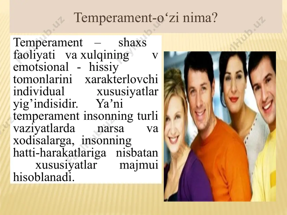 digan; 3) notanish kishilar bilan aloqa oʻrnatishda qiynaladigan; 4) oʻz kuchiga ishonmaydigan; 5) yolgʻizlikka oson koʻnikuvchan; 6) muvaffaqiyatsizlikda oʻzini ezilgan va betoqat sezuvchi; 7) oʻz- oʻzi bilan ovora boʻlishga moyil; 8) tezda charchab qoladigan; 9) nutqi sekin, zaif, baʼzan pichirlash darajasiga tushadigan; 10) suhbatdoshi xarakteriga moslashadigan; 11) hissiyotga beriluvchan; 12) maʼqullash va tanbehga nihoyatda taʼsirchan; 13) oʻziga va atrofdagilarga yuksak talablar qoʻyadigan; 14) shubha bilan qarashga, badgumonlikka moyil; 15) haddan tashqari taʼsirlanuvchan va azoblanuvchan; 31 32 33 shaxsning temperamenti tugʻma boʻladi va u oʻzgarmas holatda namoyon boʻladi. u kishining ijtimoiy vaziyatlarda xulq-atvori, munosabati, reaktsiyasini ifodalaydi. professional mahorati va kasb-malakasining oshib borishiga yordam beradi. 34 бу қизиқ! 1 2 3 4 сиз скамейкада ўтирибсиз, ёнингизда сизнинг бош кийимингиз бор, сизнинг ёнингизга бир киши келиб, бош кийимингизга ўтирди! сизнинг муносабатингиз??? 35 темперамент ва мулоқот кўринишлари сангвиник холерик флегматик меланхолик барчанинг кўнглини олувчи, хушмуомала бўйсундирувчи, ўз фикрида қатъий турувчи босиқ, ижодкор мустақил фикрга …