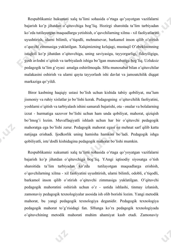 on jomiy. o’z bilimlarini mustaqil oshirish uchun quyidagi bo’limlardan iborat individual reja tuzib olishlari tavsiya etiladi. 1. g’oyaviy — siyosiy saviyani oshirish. 2. ilmiy — nazariy bilimni oshirish. 3. metodik bilim va mahoratni oshirish. 4. pedagogik va psixologik nazariyani yanada puxta o’rganish. o’qituvchining pedagogik mahoratini doimiy oshirib borish va uni rivojlantirishda maktabdagi metod birlashmalar hamda kabinetlarning xizmati katta. metod birlashmalarda o’qituvchilar fikr almashadilar: o’zaro kuzatilgan darslar muhokama qilinadi. yosh va tajribasiz o’qituvchilarga maslahatlar uyushtiriladi, ilg’or tajribalarni keng ommalashtiradilar. - pedagogik ijodkorlik manbai — bu pedagogik tajribadir. pedagogik tajriba muammoli vaziyatlarga juda boydir. ilg’or pedagogik tajriba deganda biz o’qituvchining o’z pedagogik vazifasiga ijodiy yondashishni, o’quvchilarning ta’lim tarbiyasida yangi, samarali yo’l va vositalarni qidirib topishini tushunamiz. - ilg’or pedagogik tajriba o’qituvchi tomonidan qo’llaniladigan ish vaqti va usullari, uslub va vositalaridir, ular vositasida o’quv — tarbiyaviy ishlarda eng yuqori natijalarga erishiladi. - ilg’or pedagogik tajribani o’rganish, unga asoslanib yangi pedagogik hodisa va qonuniyatlarni …