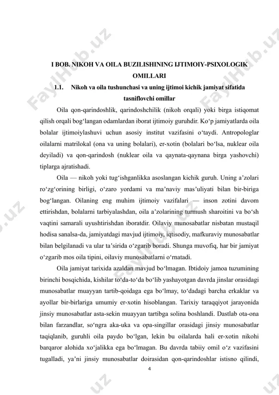 ʼzolarining turmush sharoitini va boʻsh vaqtini samarali uyushtirishdan iboratdir. oilaviy munosabatlar nisbatan mustaqil hodisa sanalsa-da, jamiyatdagi mavjud ijtimoiy, iqtisodiy, mafkuraviy munosabatlar bilan belgilanadi va ular taʼsirida oʻzgarib boradi. shunga muvofiq, har bir jamiyat oʻzgarib mos oila tipini, oilaviy munosabatlarni oʻrnatadi. oila jamiyat tarixida azaldan mavjud boʻlmagan. ibtidoiy jamoa tuzumining birinchi bosqichida, kishilar toʻda-toʻda boʻlib yashayotgan davrda jinslar orasidagi munosabatlar muayyan tartib-qoidaga ega boʻlmay, toʻdadagi barcha erkaklar va ayollar bir-birlariga umumiy er-xotin hisoblangan. tarixiy taraqqiyot jarayonida jinsiy munosabatlar asta-sekin muayyan tartibga solina boshlandi. dastlab ota-ona bilan farzandlar, soʻngra aka-uka va opa-singillar orasidagi jinsiy munosabatlar taqiqlanib, guruhli oila paydo boʻlgan, lekin bu oilalarda hali er-xotin nikohi barqaror alohida xoʻjalikka ega boʻlmagan. bu davrda tabiiy omil oʻz vazifasini tugalladi, yaʼni jinsiy munosabatlar doirasidan qon-qarindoshlar istisno qilindi, jinsiy munosabatlar faqat bir erkak va bir ayol munosabatiga aylandi (yana qarang: patriarxal oila, poliandriya, poligamiya, poliginiya). ijtimoiy ishlab chiqarish — chorvachilik va dehqonchilikning rivojlanishi bilan erkaklar …